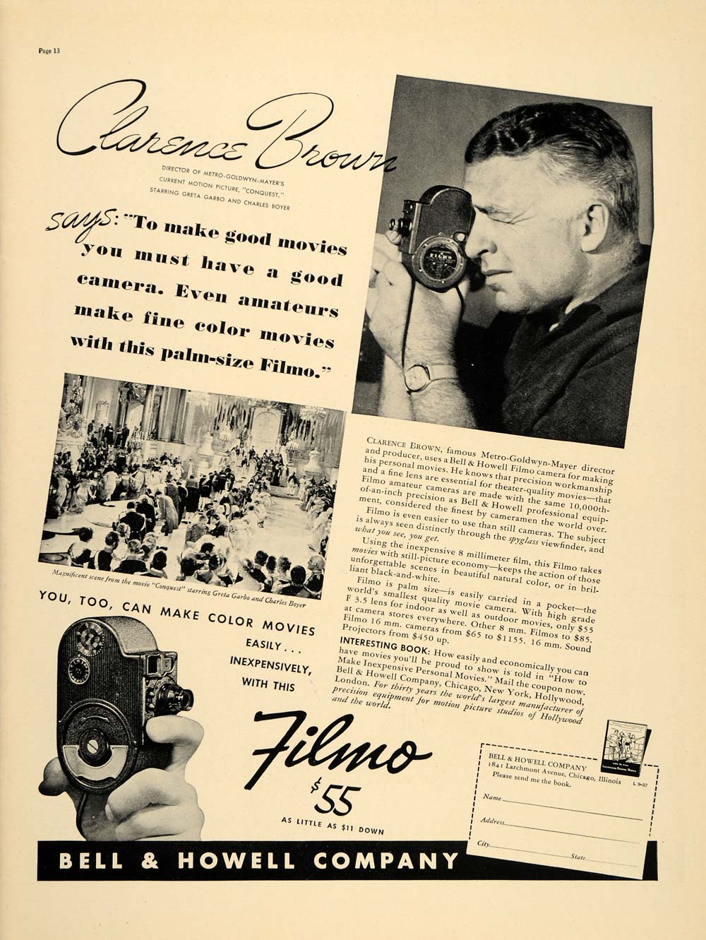 1937 Ad Video Camera Clarence Brown Conquest Filmo Bell - ORIGINAL LF3