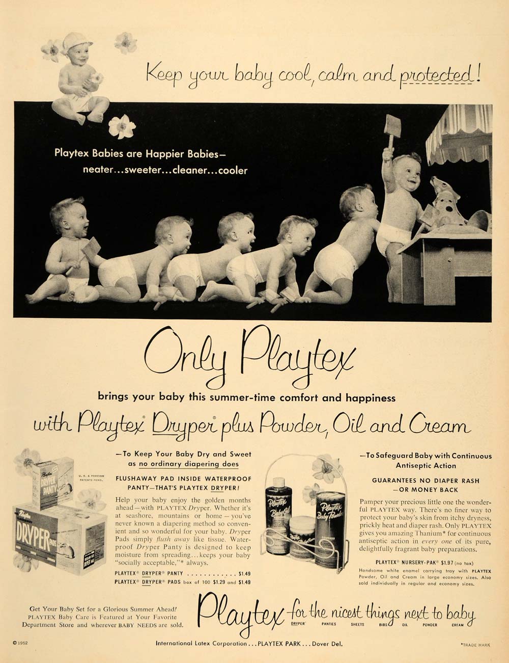 1952 Ad Playtex Dryper Pads Panty Babies Diaper Cream - ORIGINAL ADVERTISING LF3