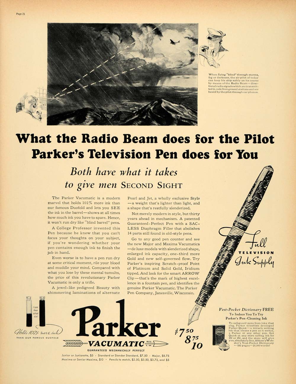 1937 Ad Parker Vacumatic Ink Pen Dictionary Radio Beam - ORIGINAL LF3