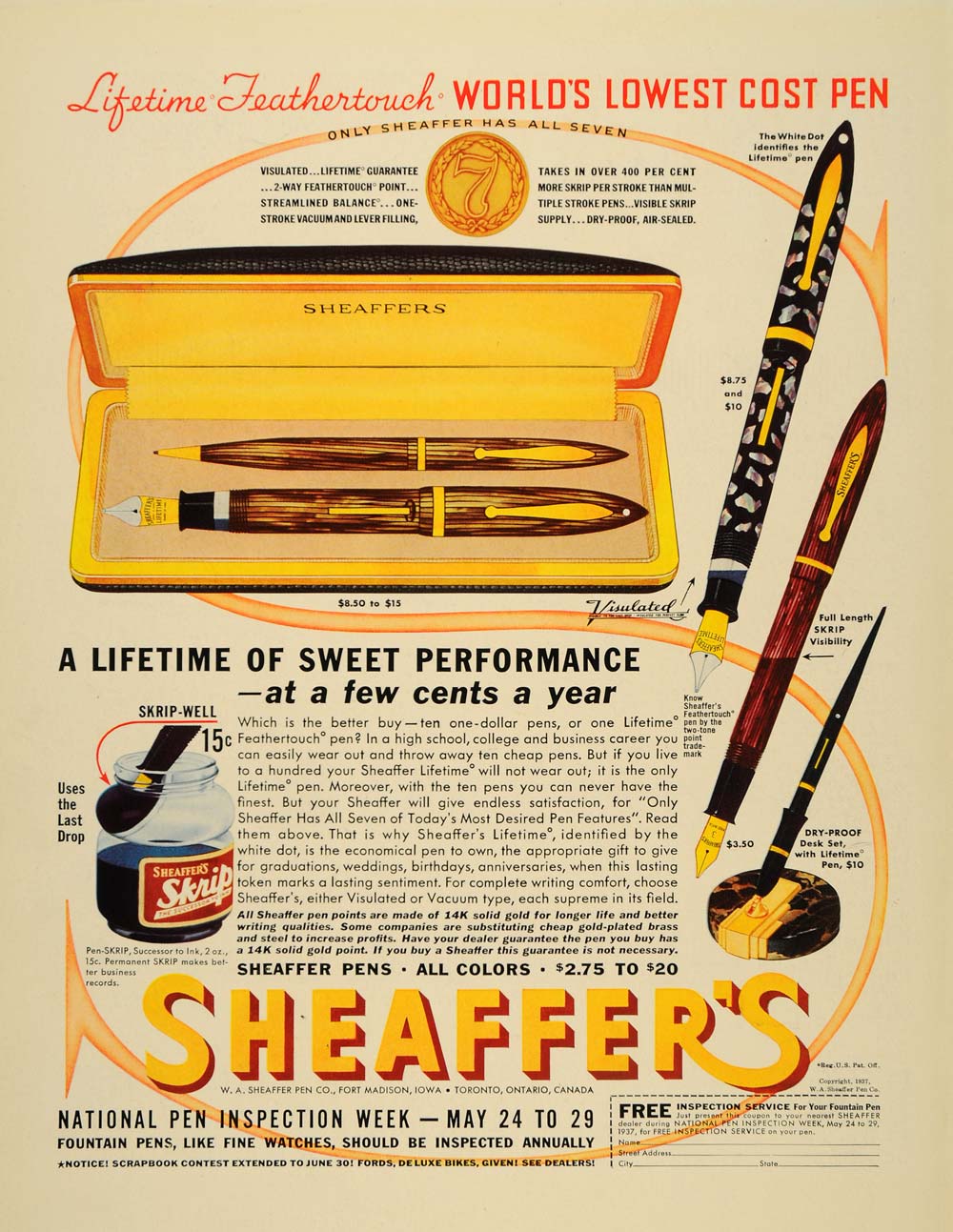 1937 Ad Sheaffer's Ink Pen Skrip Visulated Feathertouch - ORIGINAL LF3
