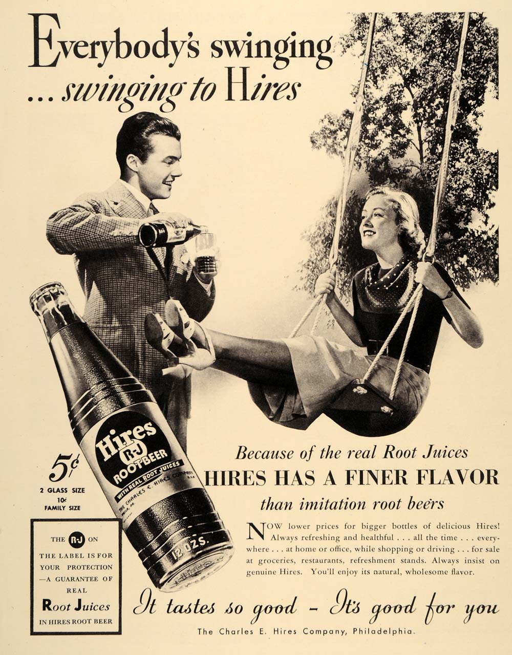 1937 Ad Hires R-J Root Beer Swing Charles Hire Juices - ORIGINAL ADVERTISING LF3