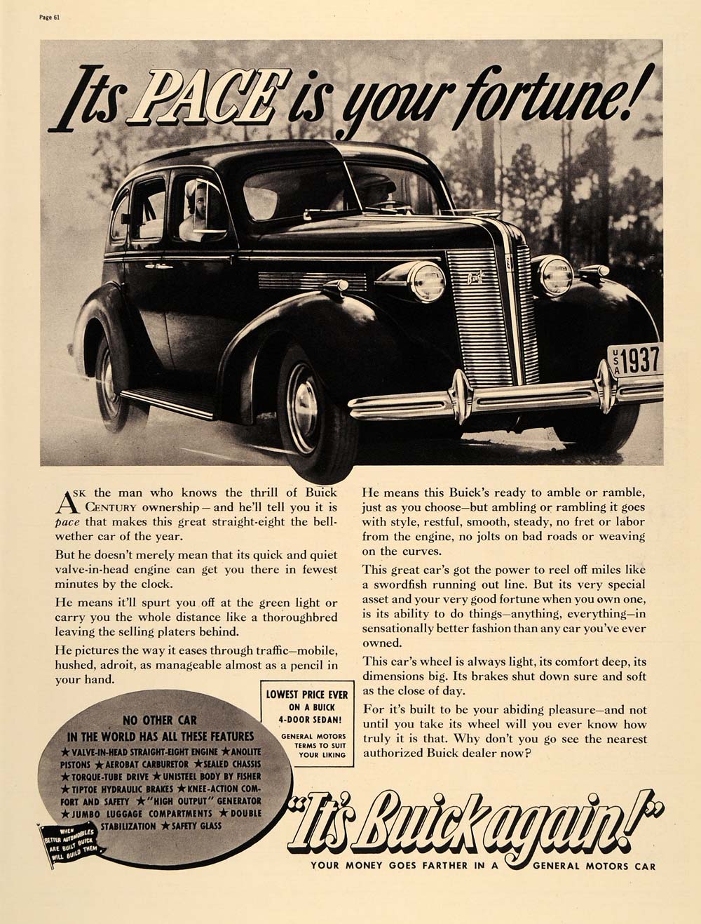 1937 Ad Buick Sedan General Motors Hydraulic Brakes Car - ORIGINAL LF3