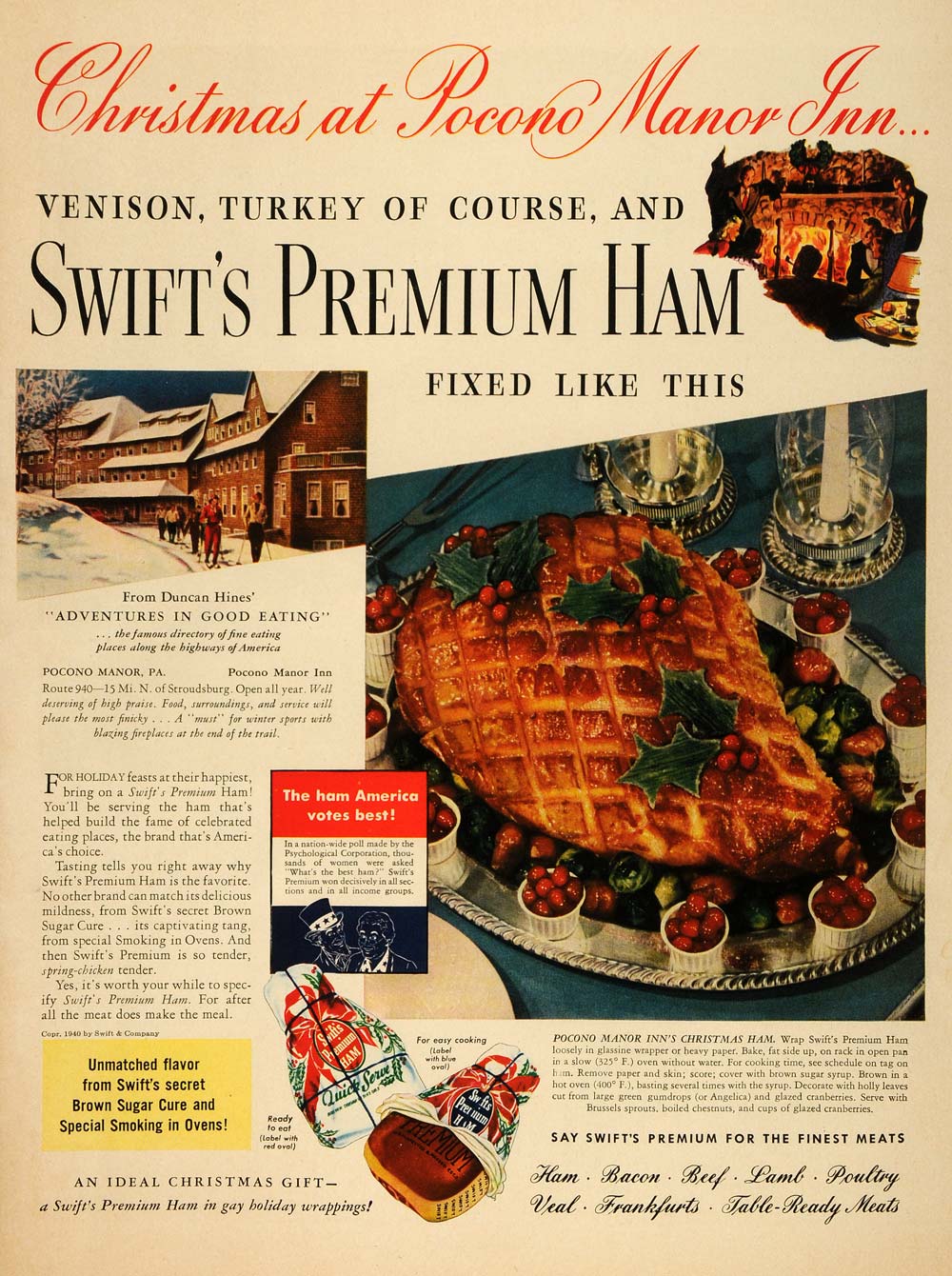 1940 Ad Pocono Manor Inn Pennsylvania Swift Premium Ham - ORIGINAL LF3