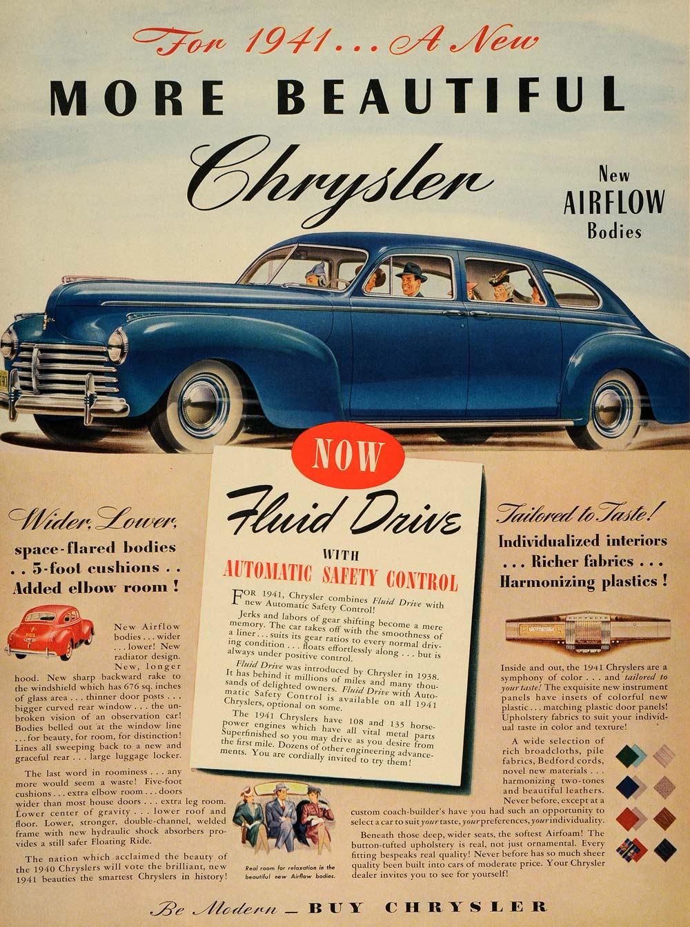 1940 Ad 1941 Chrysler Airflow Bodies Fluid Drive Cars - ORIGINAL ADVERTISING LF3