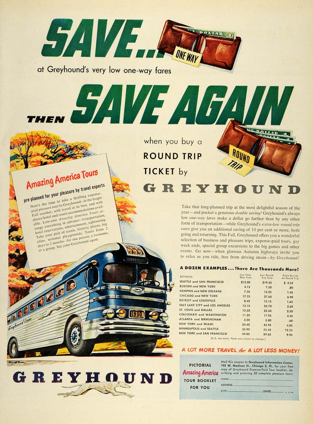 1950 Ad Greyhound Bus Ticket Round Trip Fares Price America Tours One Way LF3
