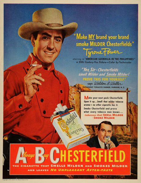 1950 Ad ABC Chesterfield Cigarettes Tyrone Power Color 20th Century Fo –  Period Paper Historic Art LLC