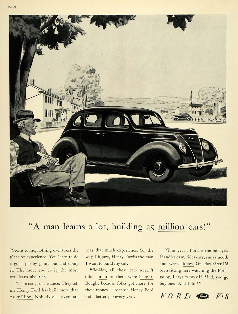 1937 Ad Vintage V8 Henry Ford Automobiles Jud Southern Relaxation Small LF3