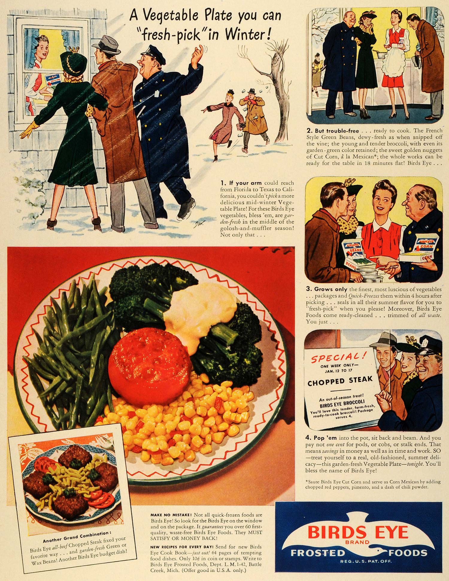 1942 Ad Birds Eye Brand Frosted Food Meat Vegetables Chopped Steak Winter LF4