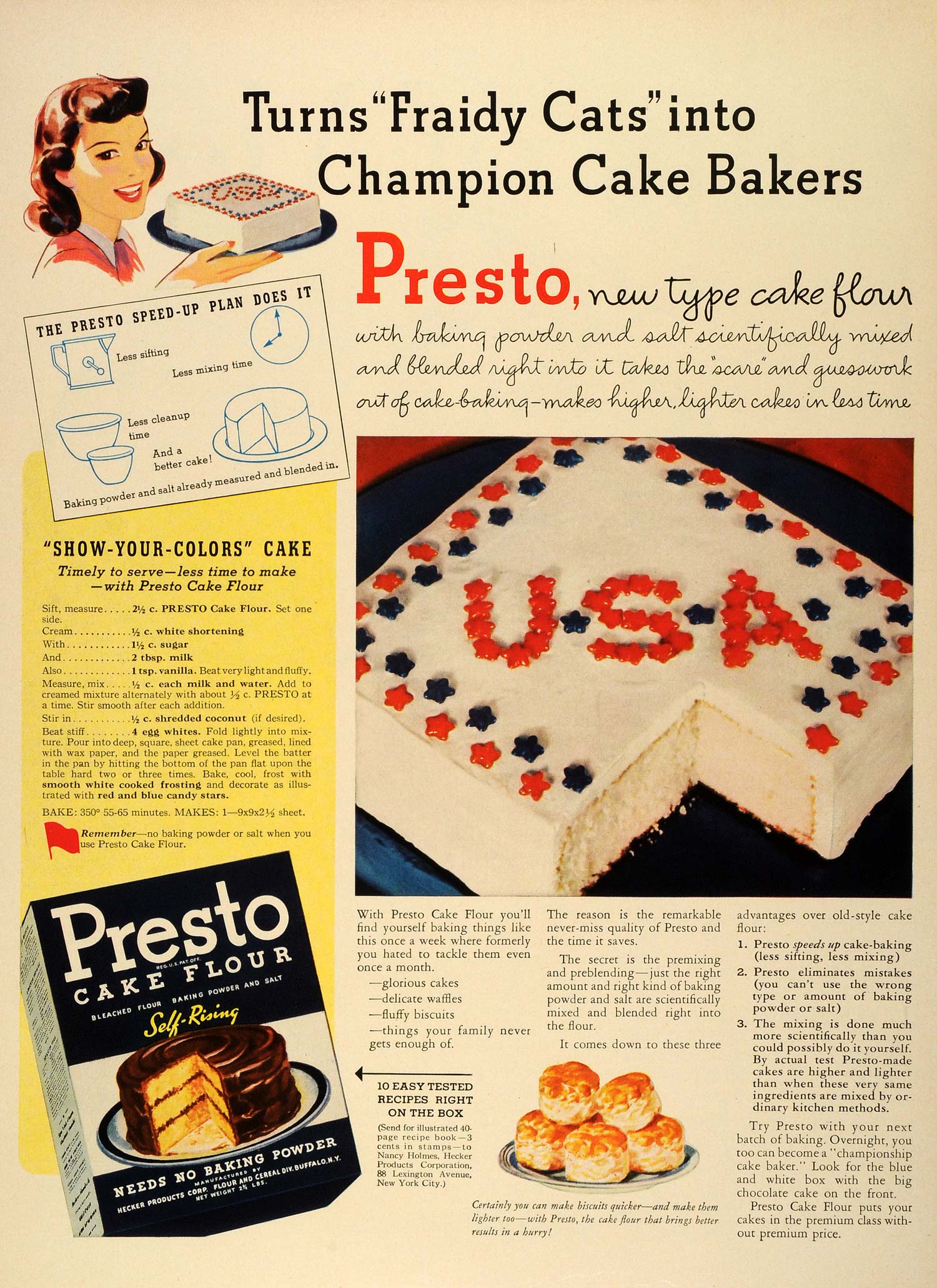 1942 Ad WWIII Presto Cake Flour Patriotic Recipe Biscuits Baking Fraid