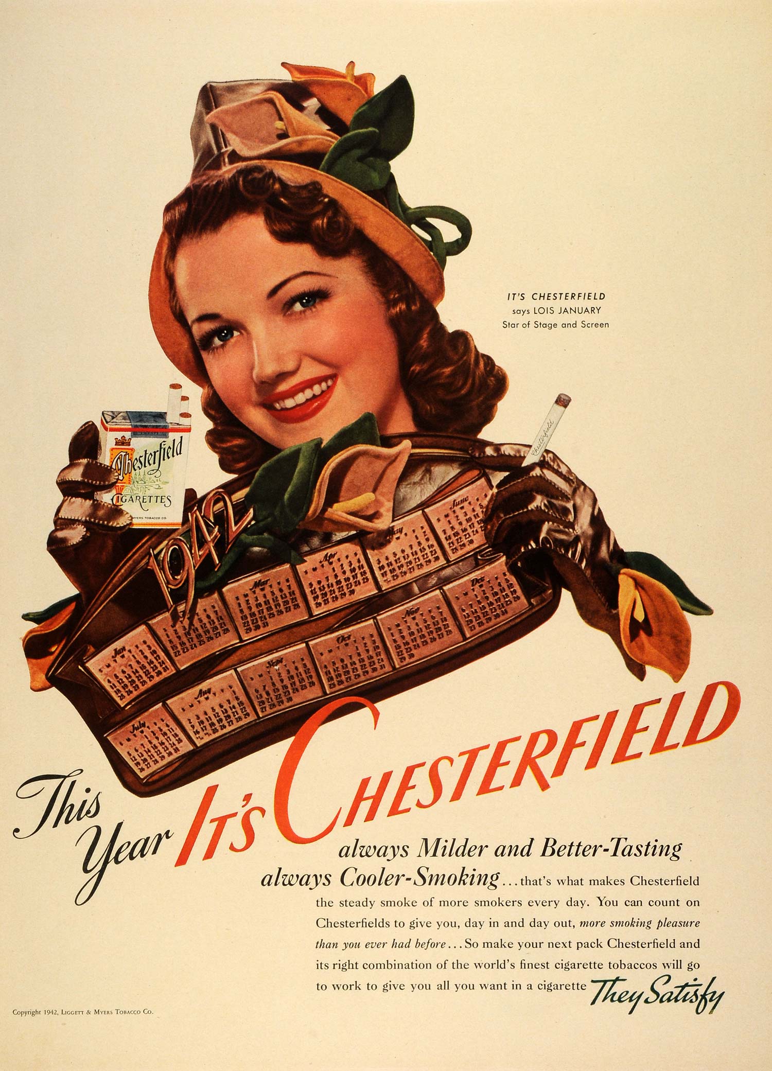 1942 Ad Chesterfield Cigarettes Tobacco Stage Actress Lois January Women LF4