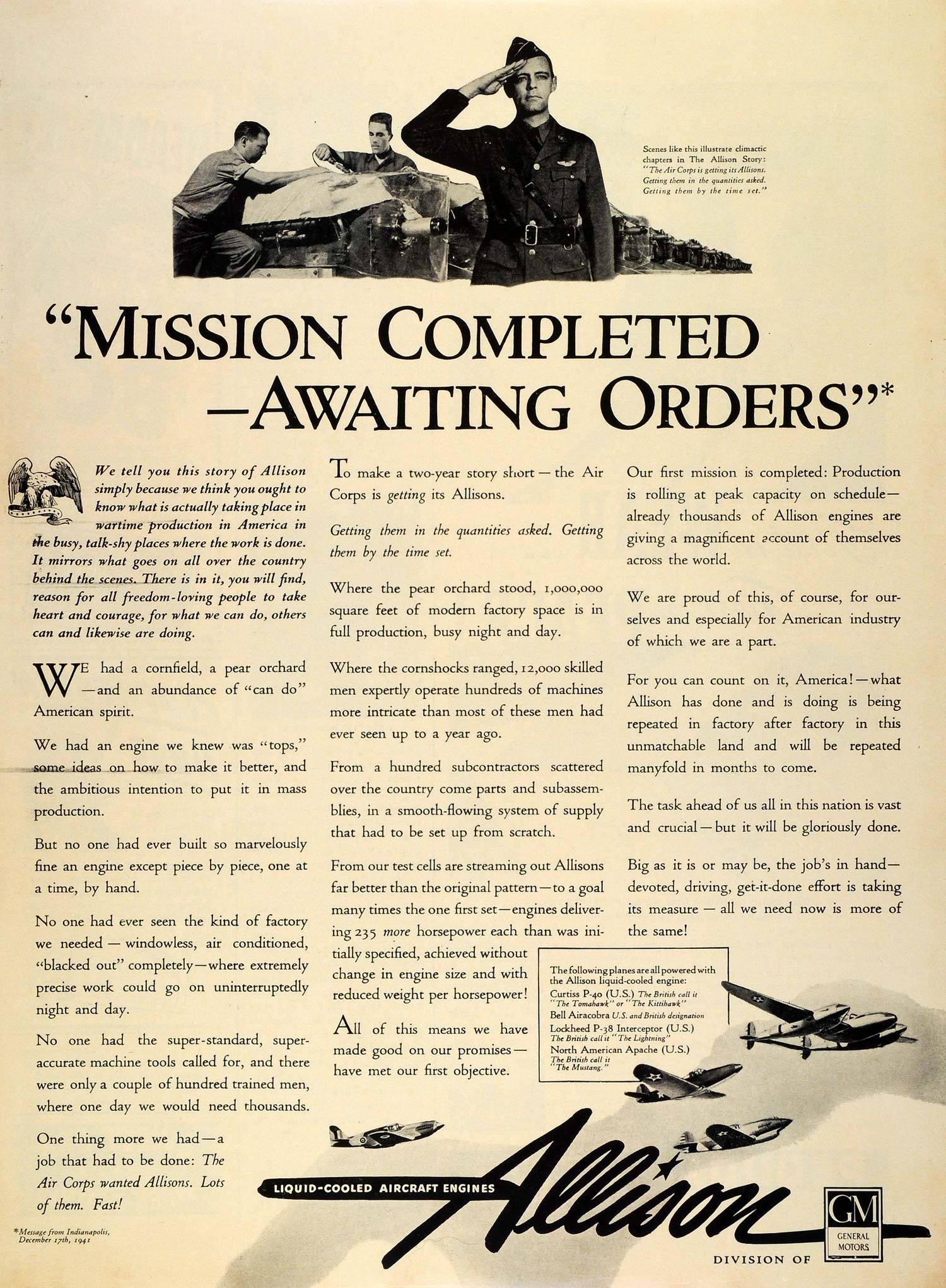 1942 Ad Allison Aircraft Engines WWII Aviation Air Force Curtiss Lockheed GM LF4