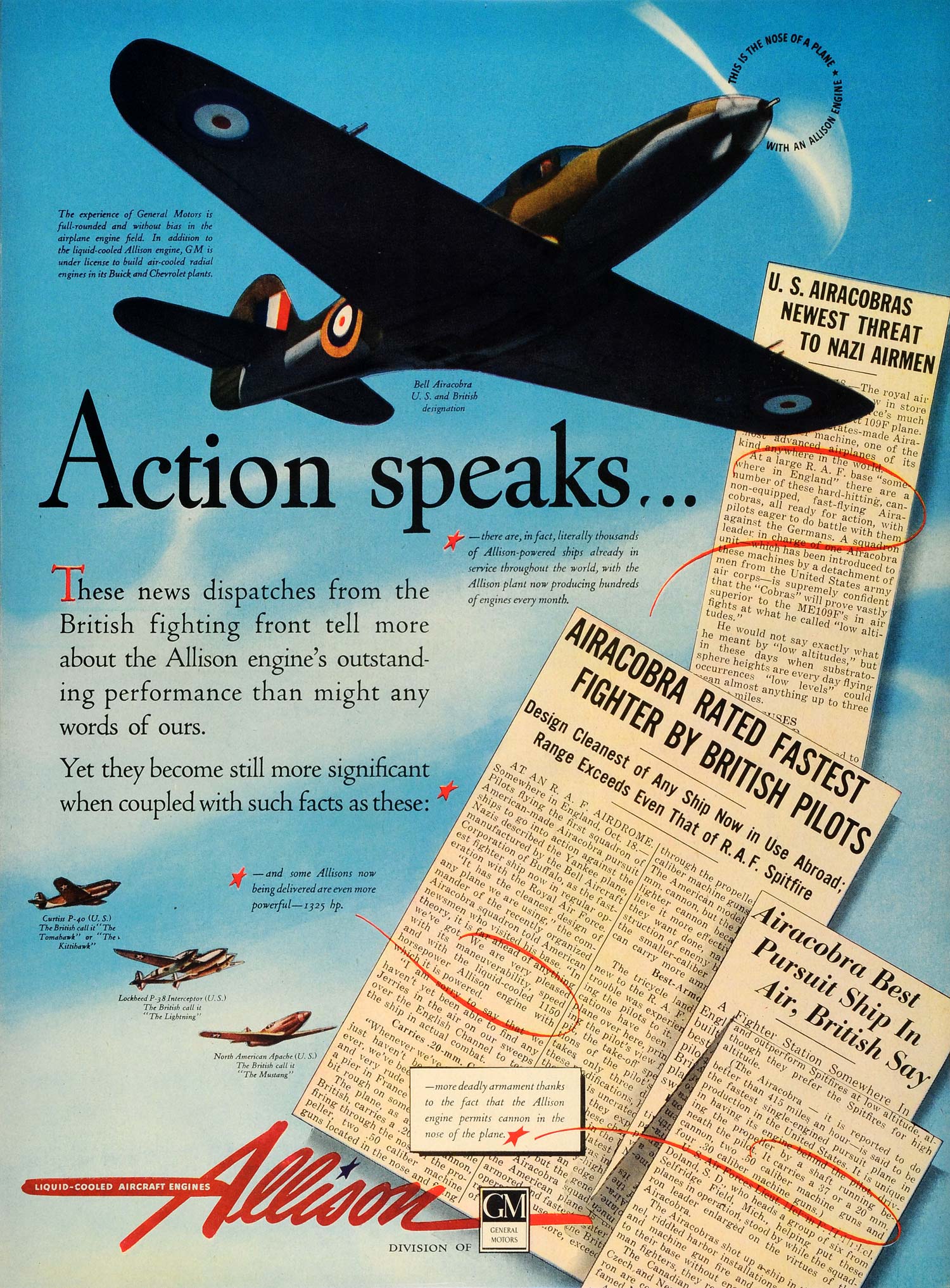 1942 Ad Allison Aircraft Engines WWII Military Airplanes Lockheed Curtiss GM LF4