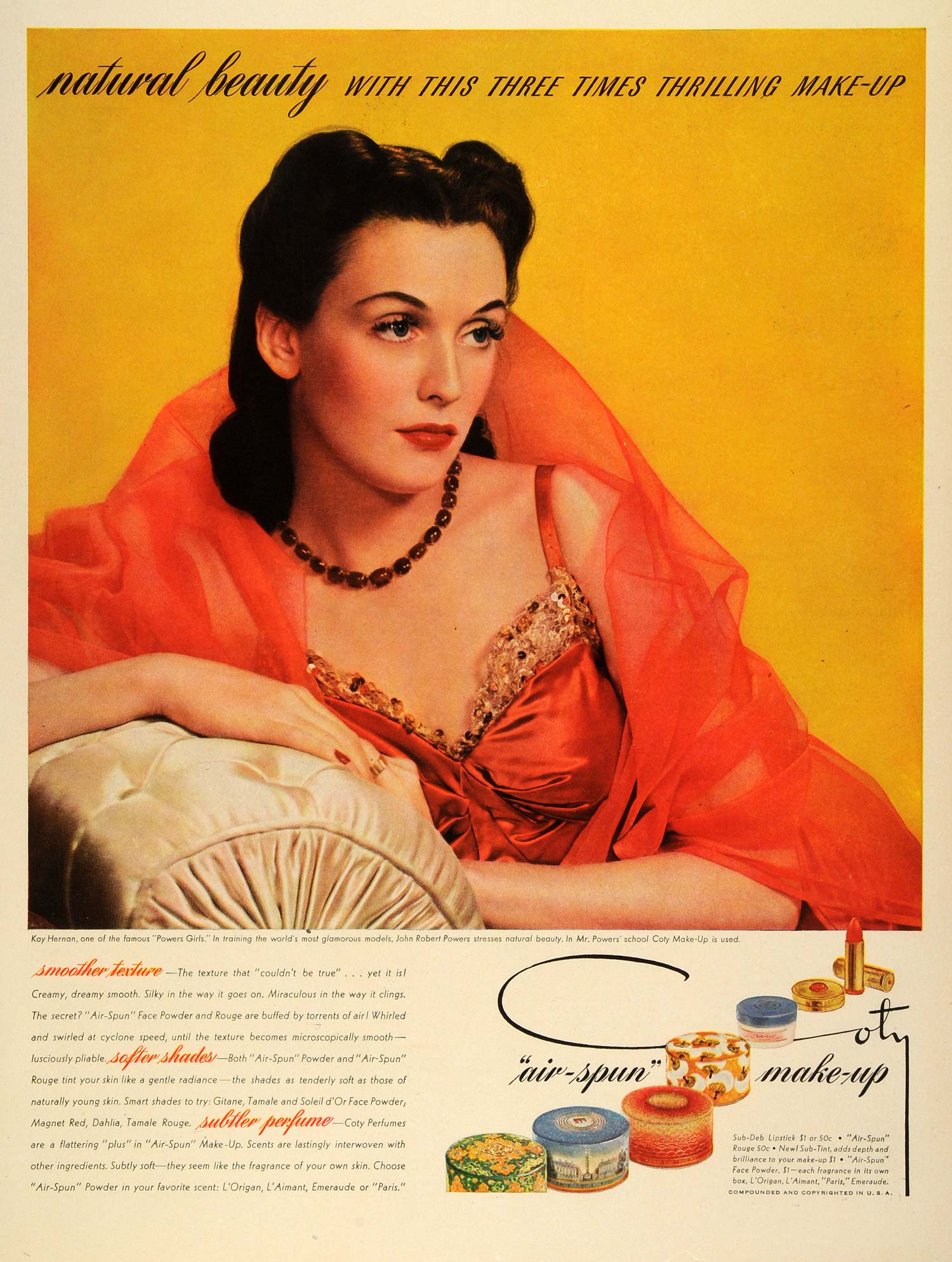 1942 Ad Coty Air Spun Makeup Cosmetics Kay Hernan Powers Girl Beauty LF4