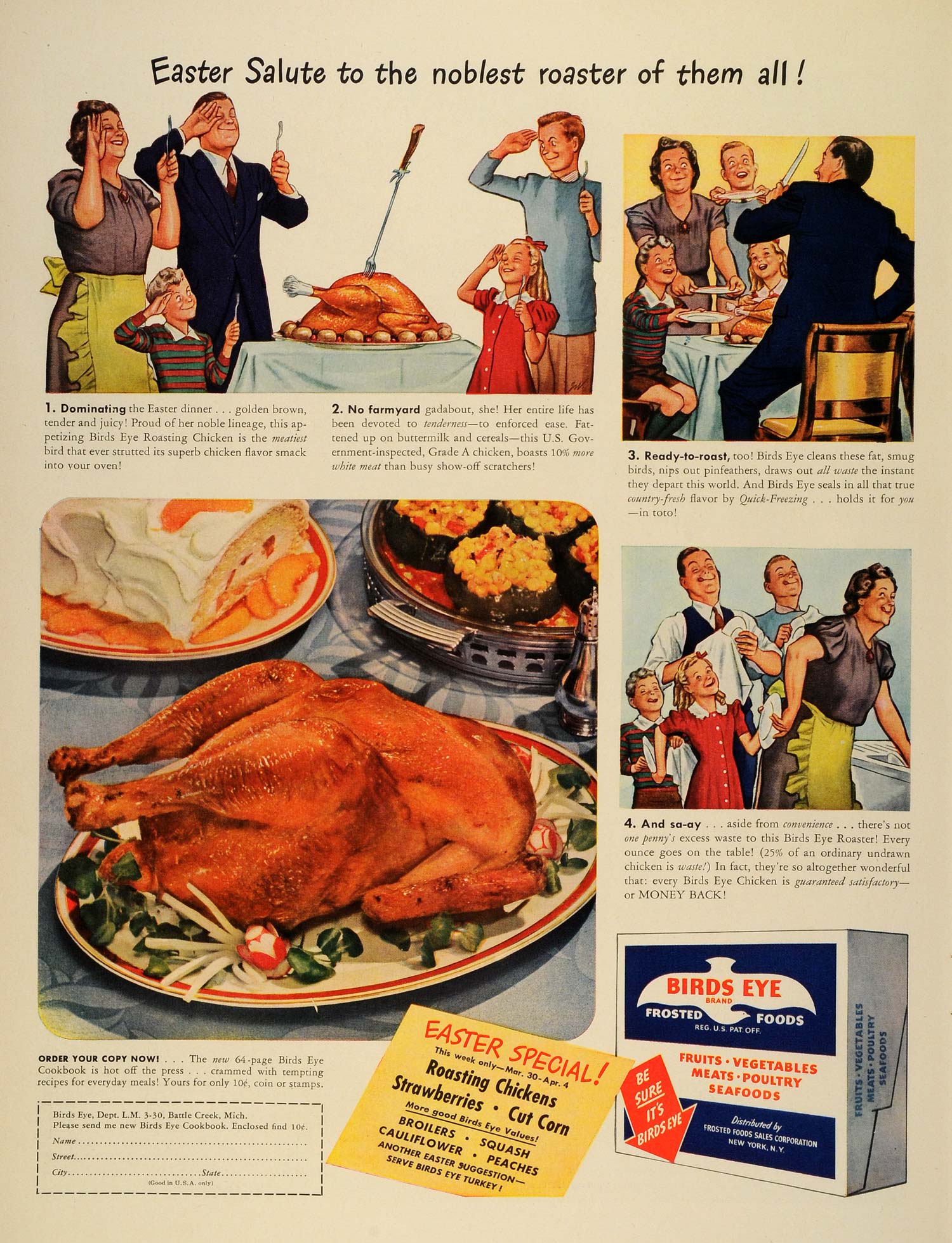 1942 Ad Birds Eye Frosted Foods Meat Chicken Easter Dinner Salute WWII LF4