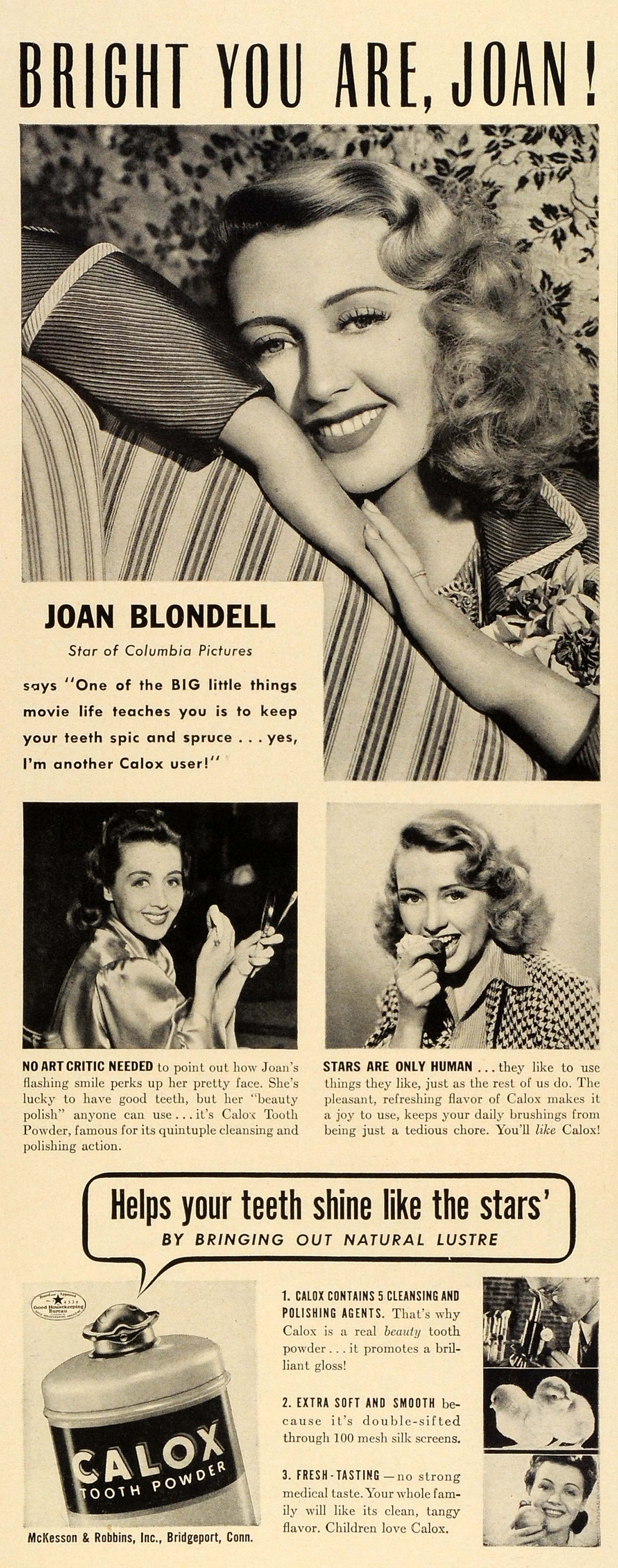 1941 Ad Calox Tooth Powder Dental Dentifrice Columbia Actress Joan Blondell LF4