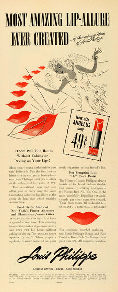 1944 Ad Vintage Angelus Lipstick Makeup Cosmetic Louis Philippe Lips Magnet  YHB4