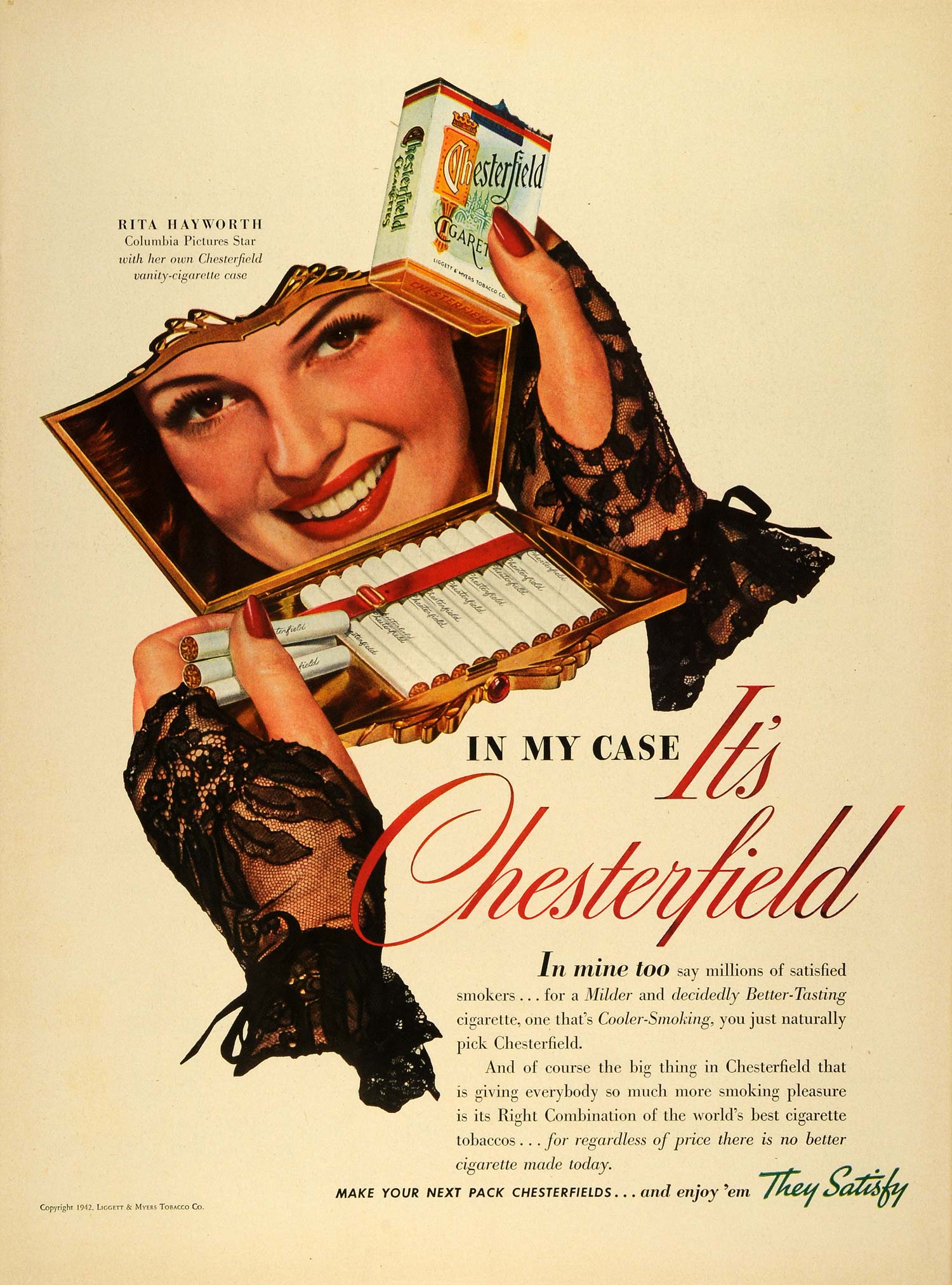 1942 Ad Rita Hayworth Vanity Chesterfield Cigarette Case Columbia Pictures LF4