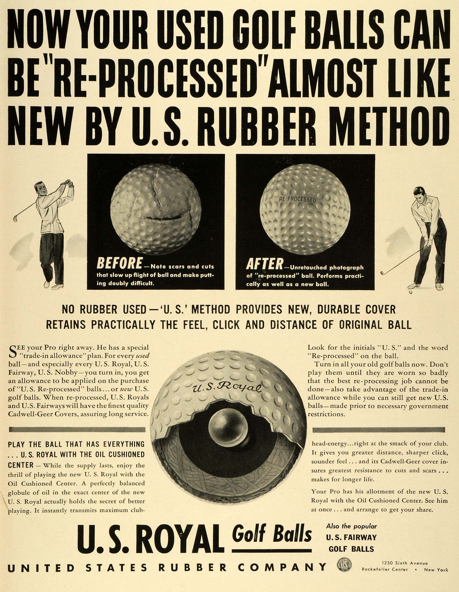 1942 Ad Before After Reprocess Golf Ball U S Royal Rubber Fairway Oil LF4