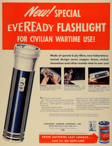 1942 Ad Eveready Flashlight Civilian World War II Battery Carbide Carbon LF4