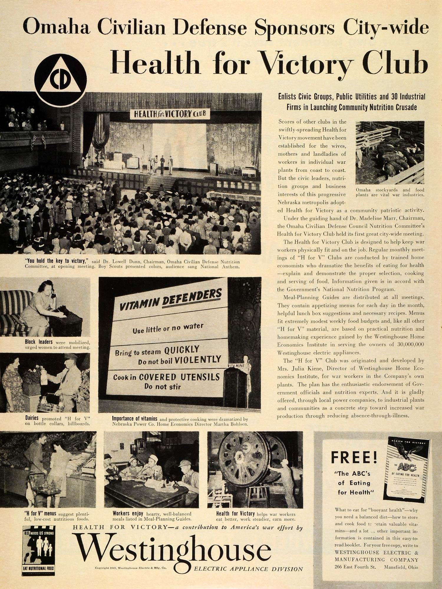 1942 Ad Westinghouse World War II Victory Club Nutrition Health Appliance LF4