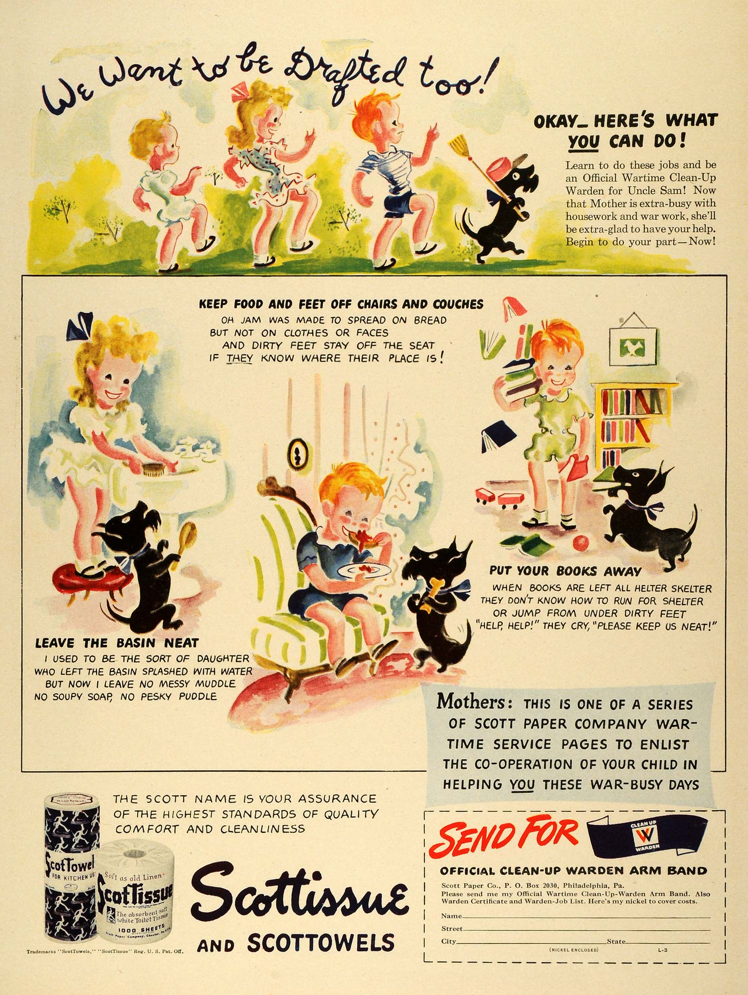 1942 Ad Scott Paper Scottissue Scottowels Toweling Wipes Children Dog Boy LF4