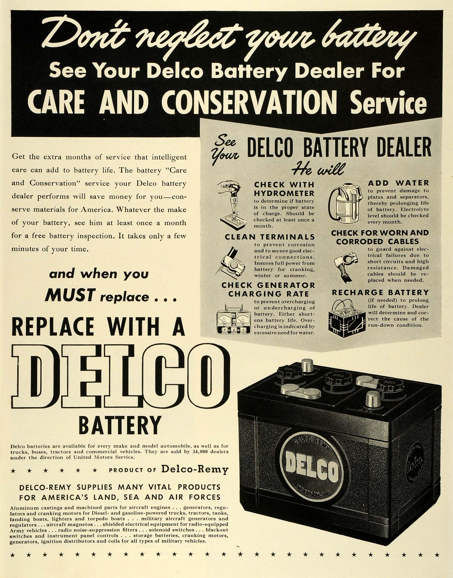 1942 Ad Delco-Remy Automobile Batteries Charging World War II Car Parts Care LF4