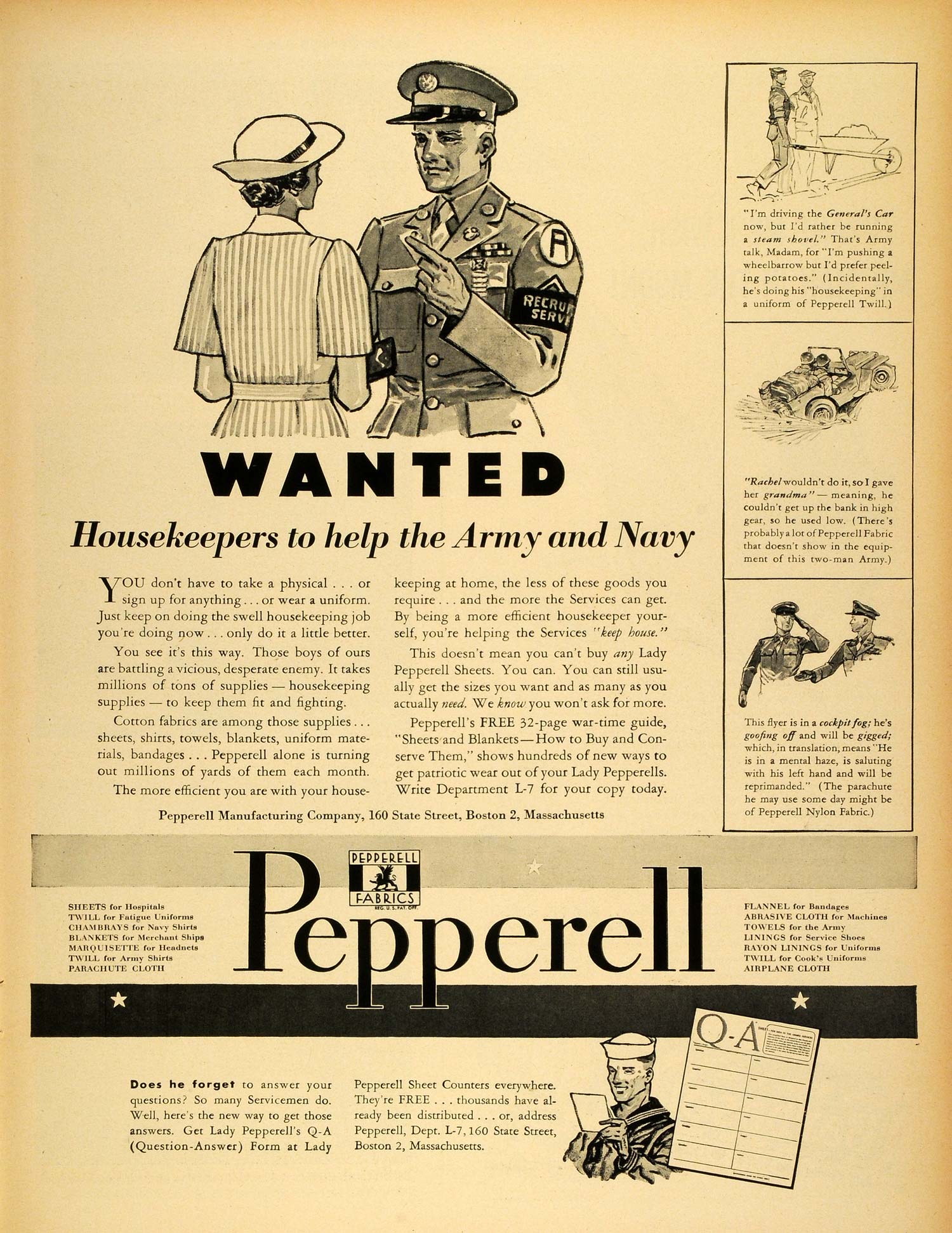 1943 Ad Pepperell Manufacturing Co Fabrics Sheets WW2 General Housekeepers LF4