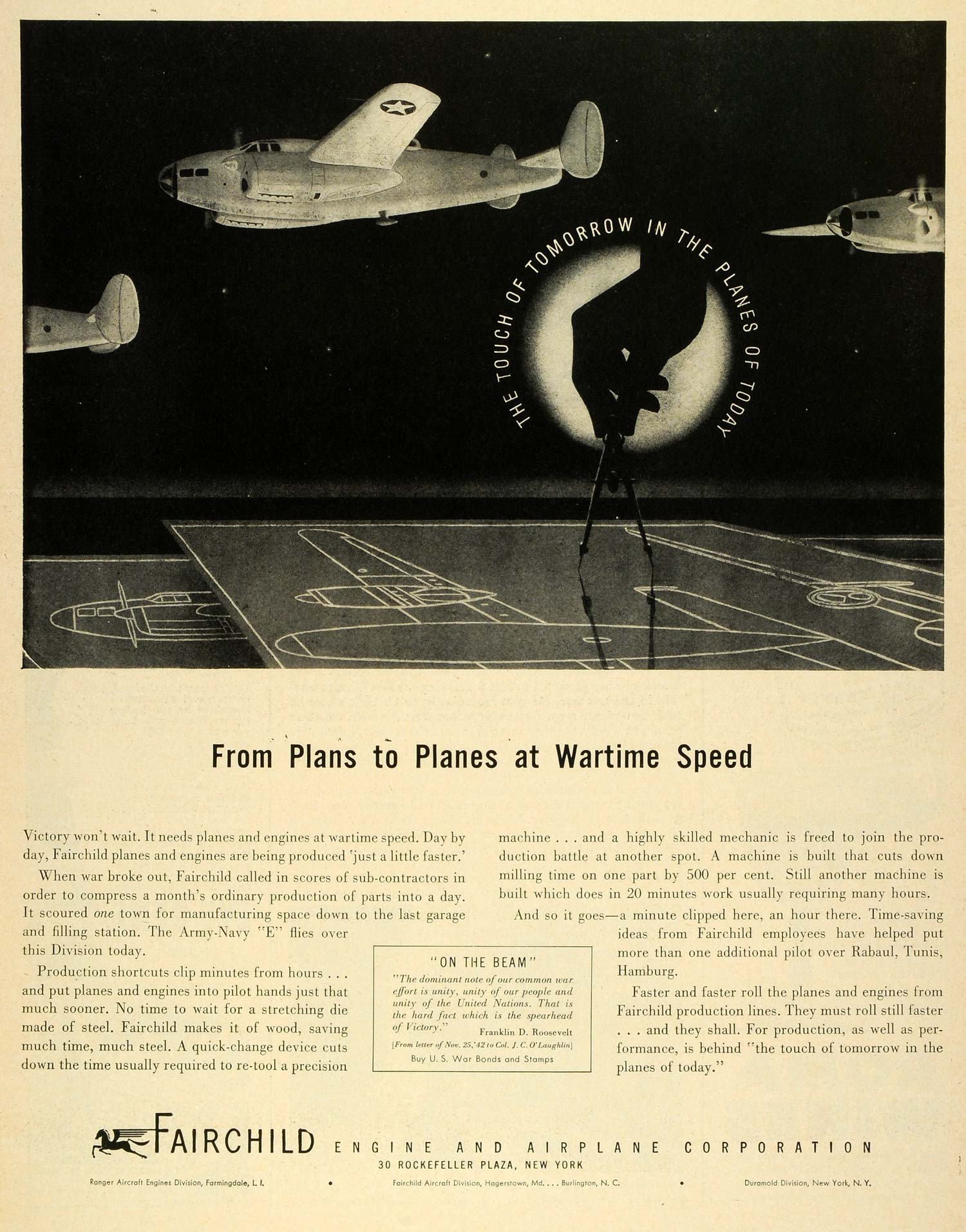1943 Ad Fairchild Engine Airplane Corp Wartime Compass Fighter Plane LF4