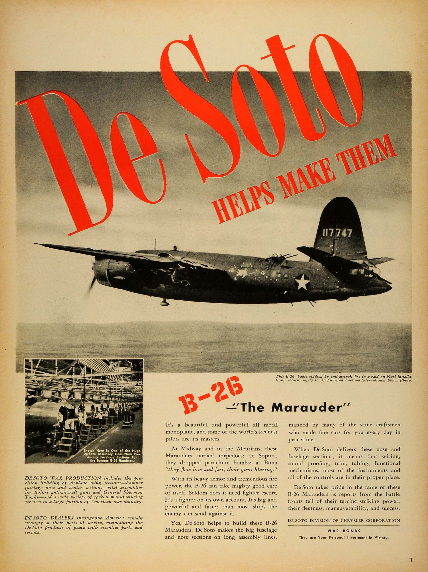 1943 Ad De Soto Chrysler Corp B-26 Marauder Fighter Plane Assembly Lines LF4