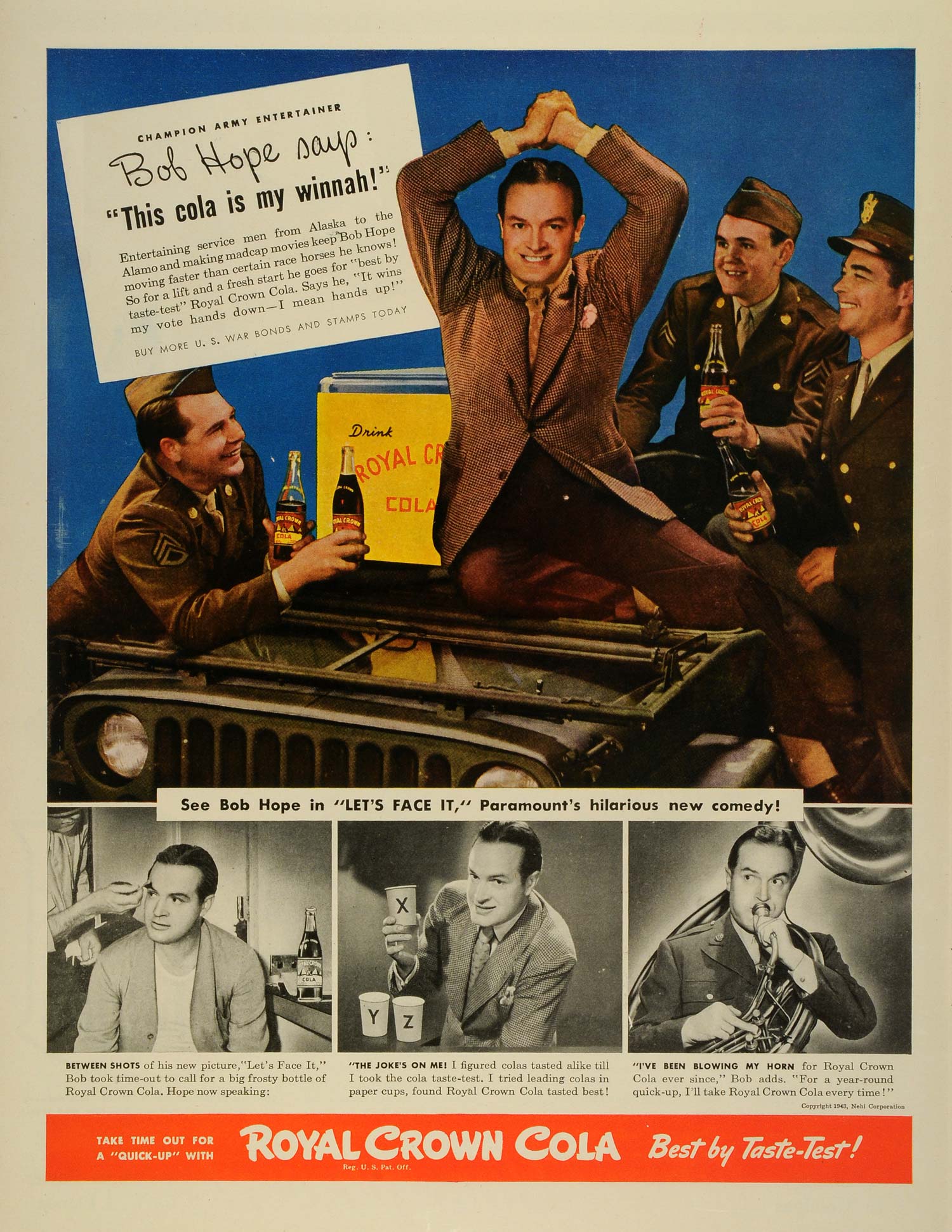 1943 Ad Nehi Corp Royal Crown Cola Comedian Bob Hope Serviceman Military LF4