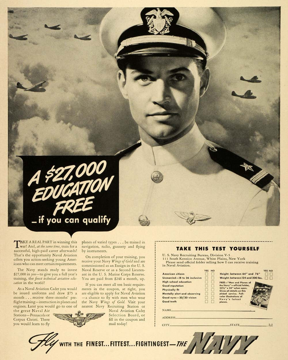 1942 Ad WWII Navy Recruiting Free Education Schooling Naval Military Ensign LF4 - Period Paper
