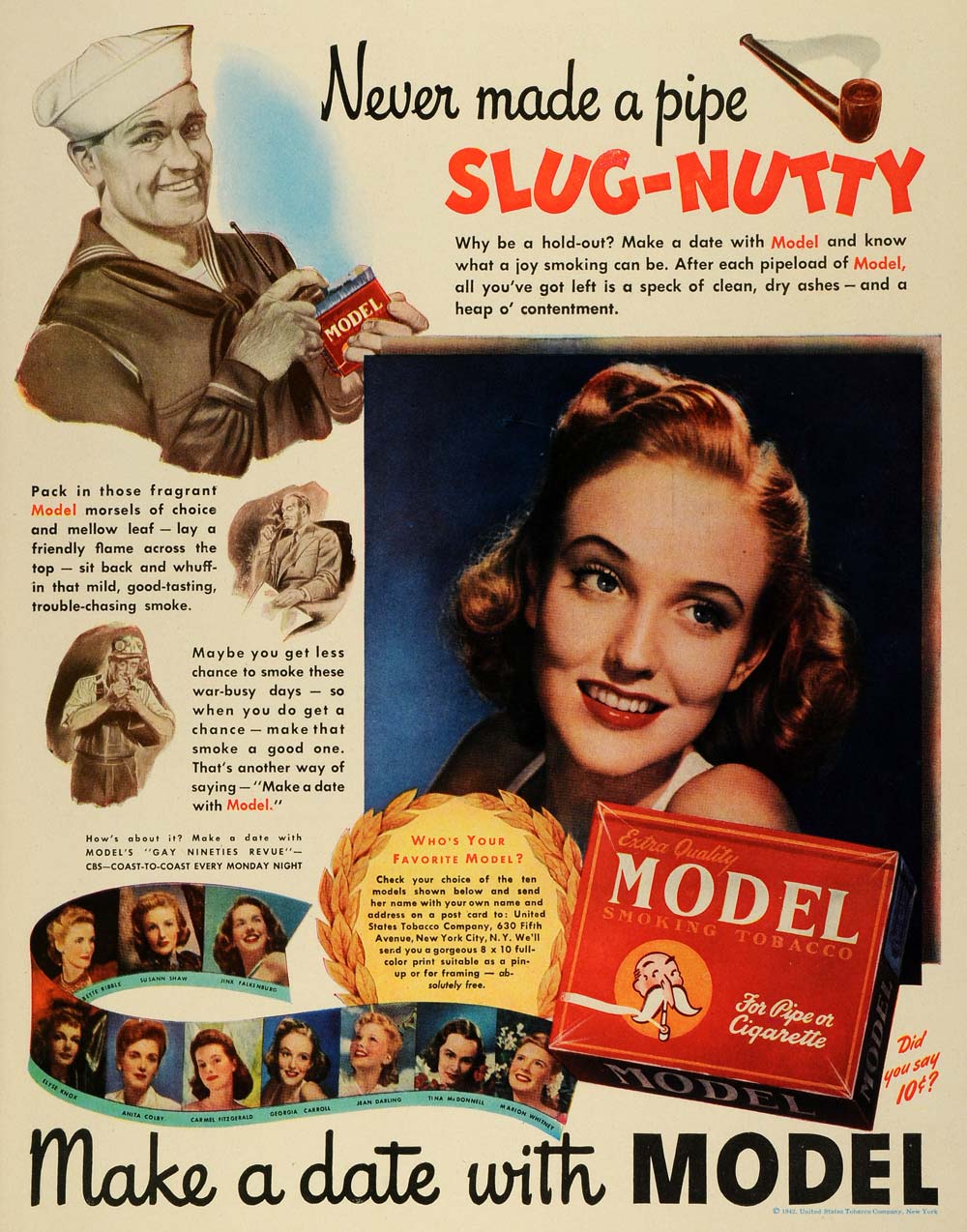 1942 Ad Model Pipe Smoking United States Tobacco WWII Navy Sailor Wartime LF4