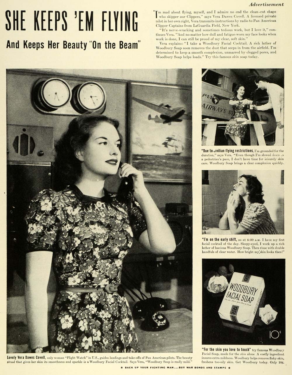 1943 Ad Woodbury Facial Soap WWII Vera Dawes Covell Pan American Clipper LF4