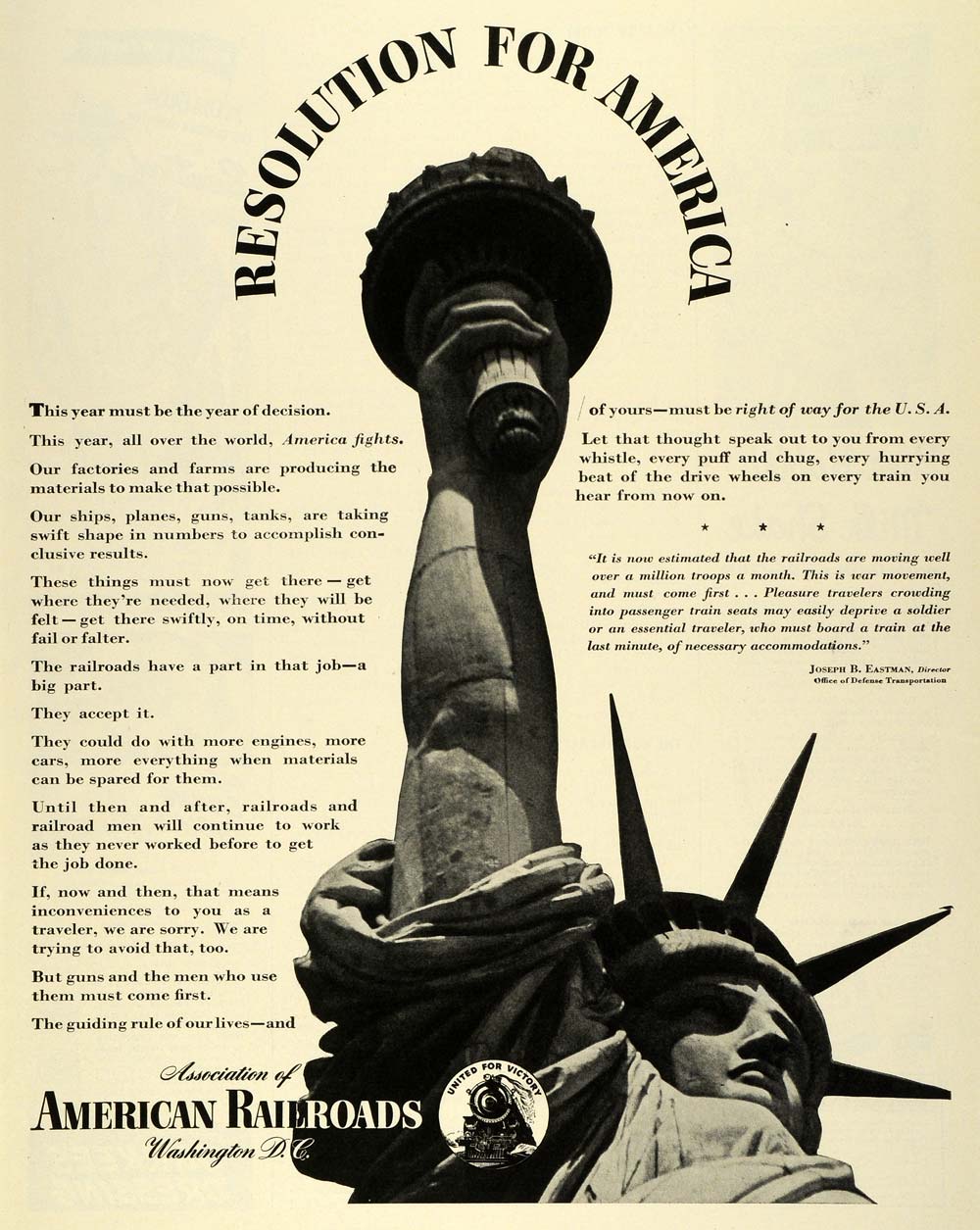 1943 Ad American Railroads Association Lady Liberty Statue WWII War LF4