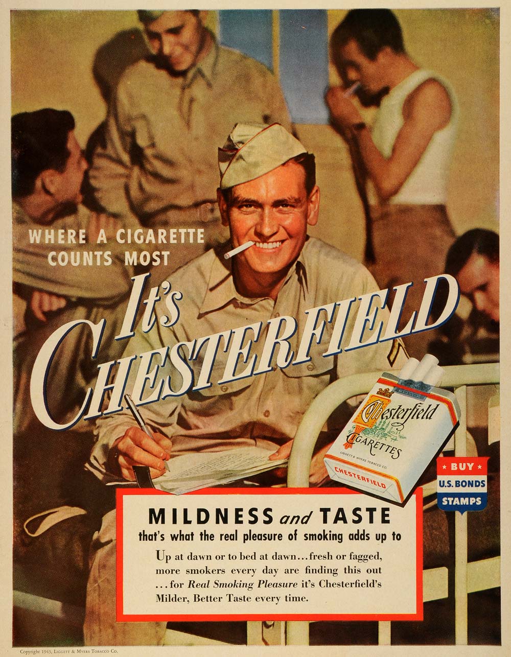 1943 Ad Chesterfield Cigarettes Liggett Myers WWII Army Soldiers Smoking LF4