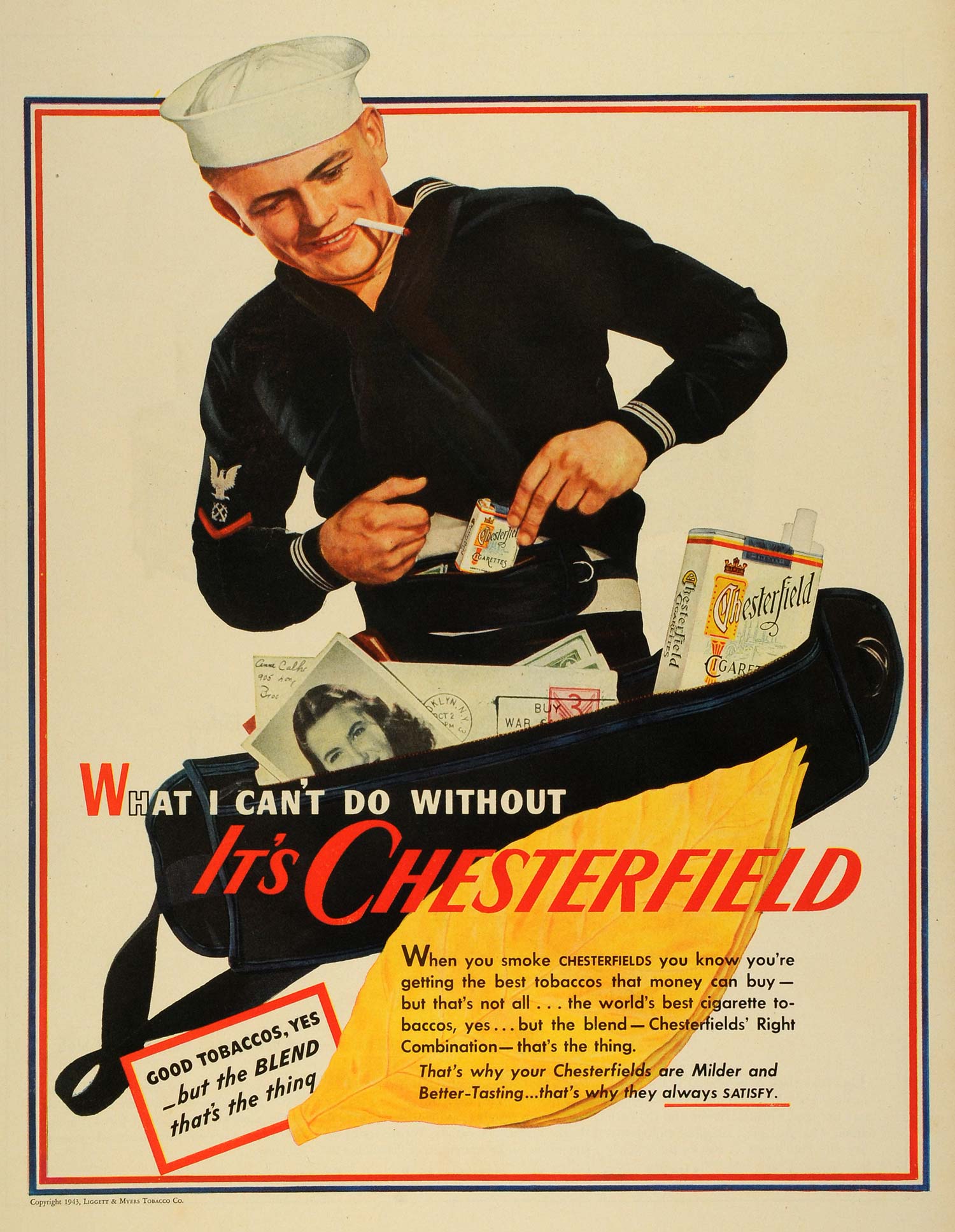 marine cigarettes 1943 Ad Liggett & Myers Tobacco Co Chesterfield Cigarettes Navy Marine LF4 marine cigarettes 1943 Ad Liggett & Myers Tobacco Co Chesterfield Cigarettes Navy Marine LF4