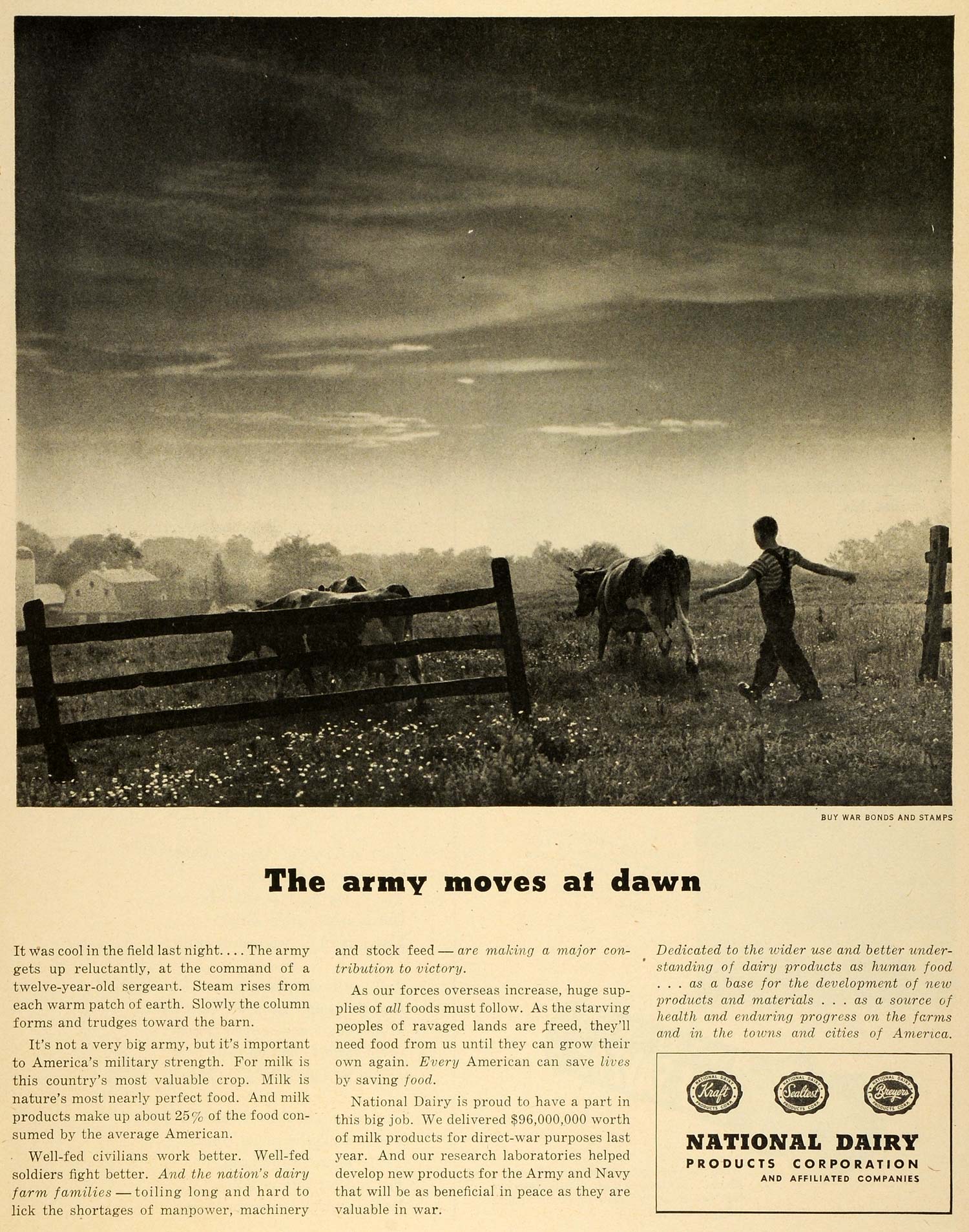 1944 Ad National Dairy Products Farming Boy Cattle Dawn Dairy Farm Home LF4