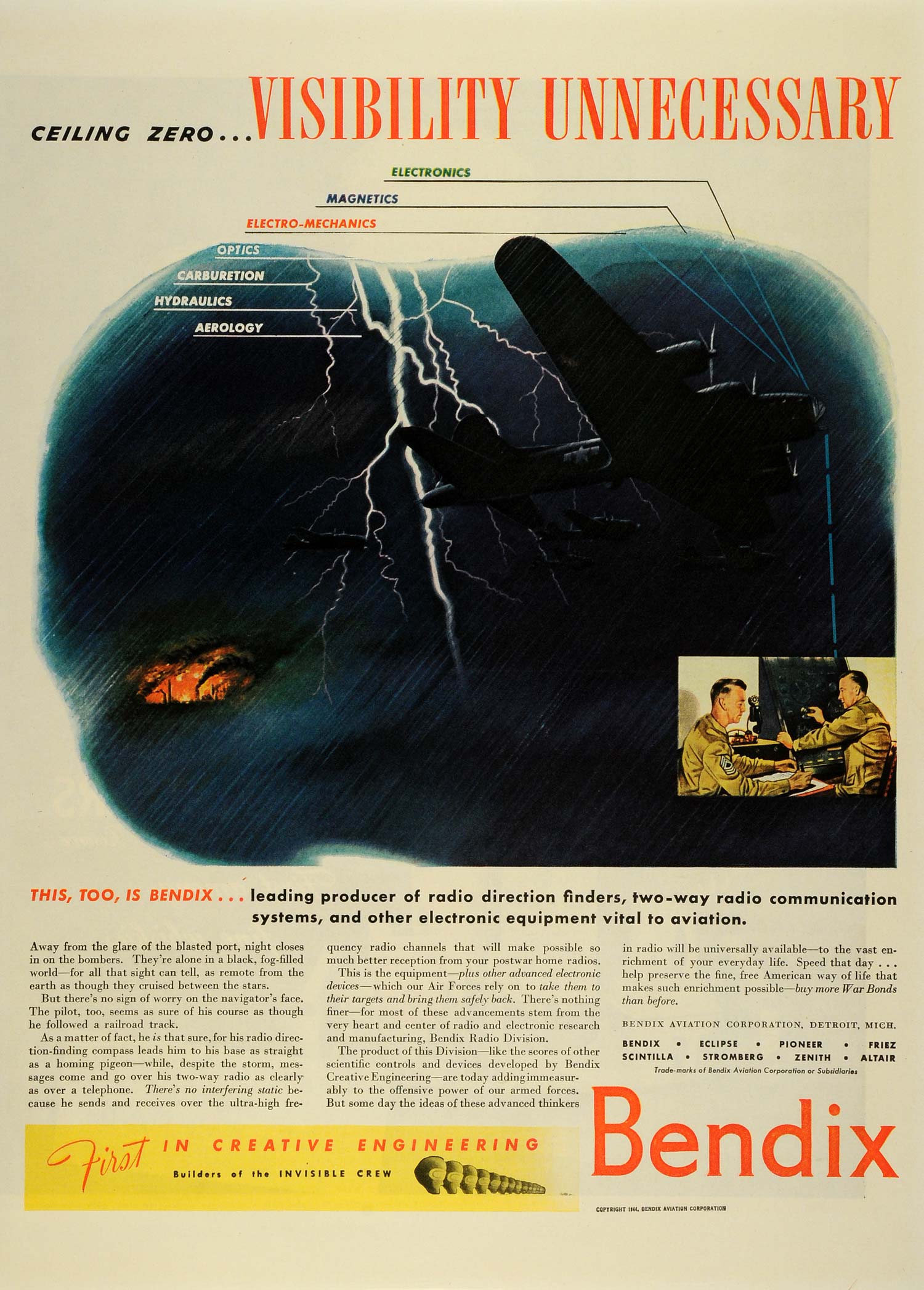 1944 Ad Bendix Aviation Corp Radio Thunderstorm WWII Military Aircraft Plane LF4
