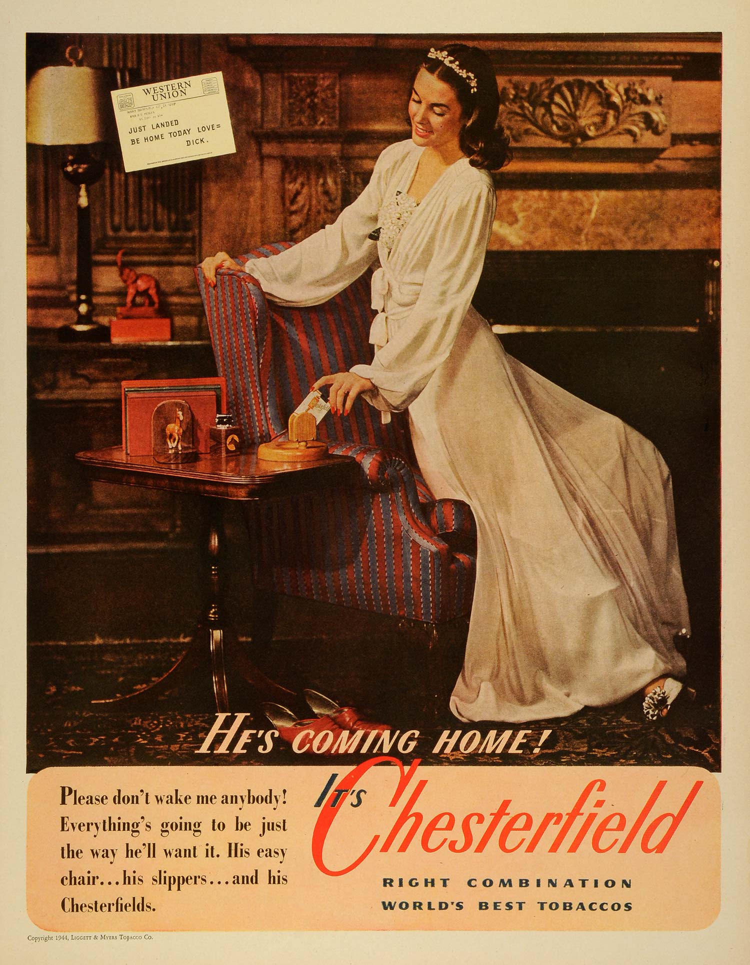 1944 Ad Liggett & Myers Tobacco Co Chesterfield Cigarettes Lady White Dress  LF4