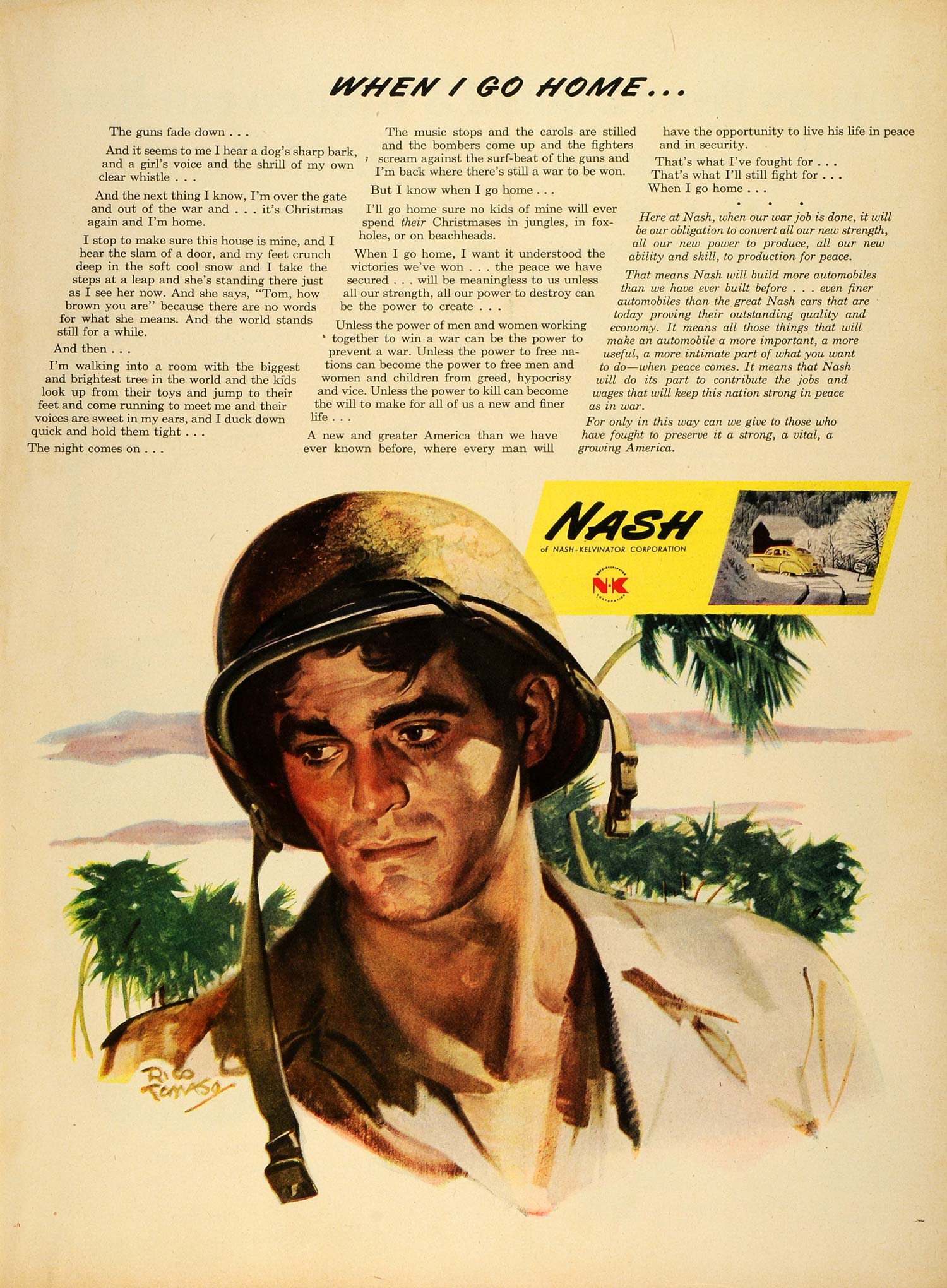 1945 Ad Nash Kelvinator Corp NK Automobile WWII Soldier Military Rico Tomaso LF4
