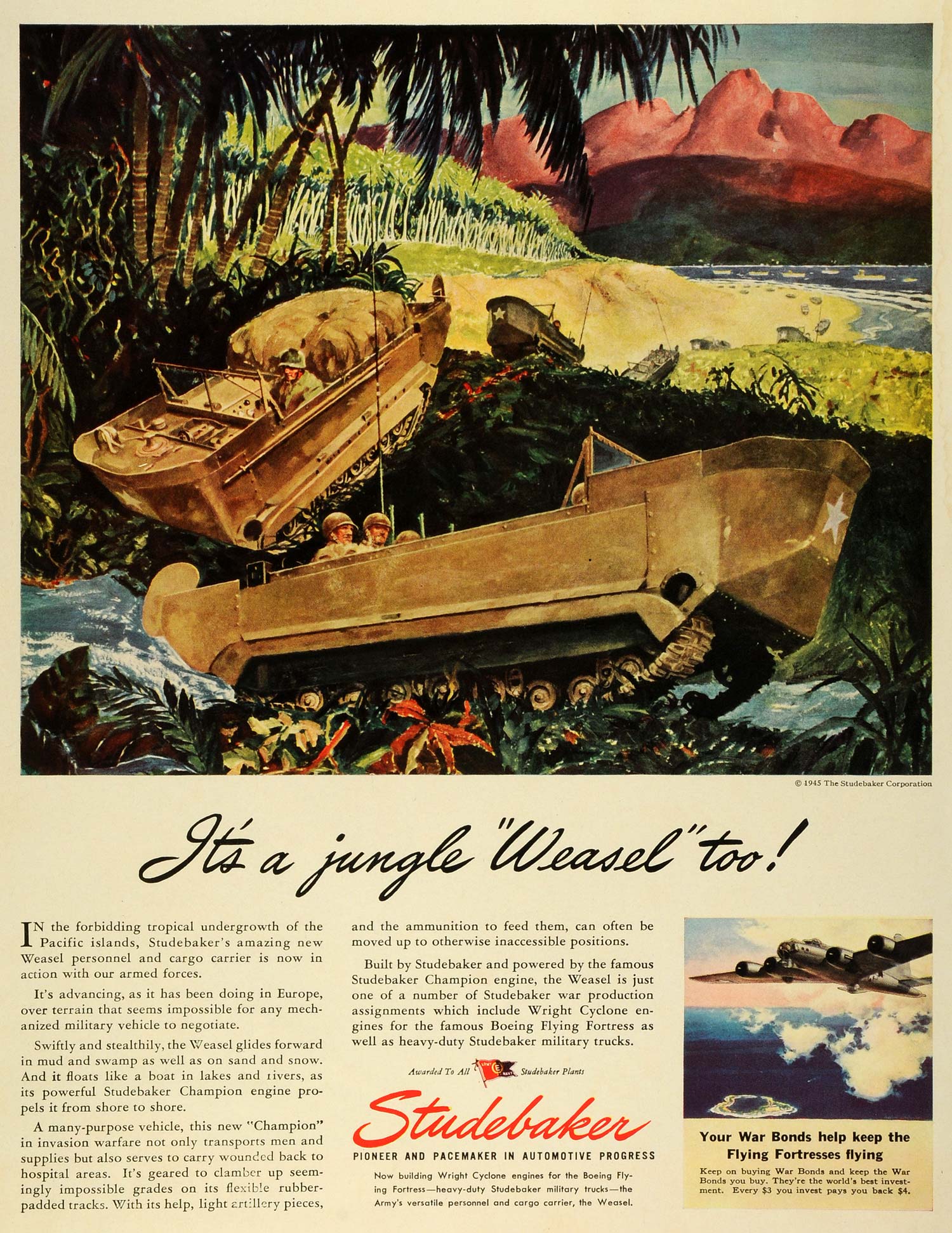 1945 Ad Studebaker Military Trucks Wright Cyclone Engines WWII Soldiers LF4