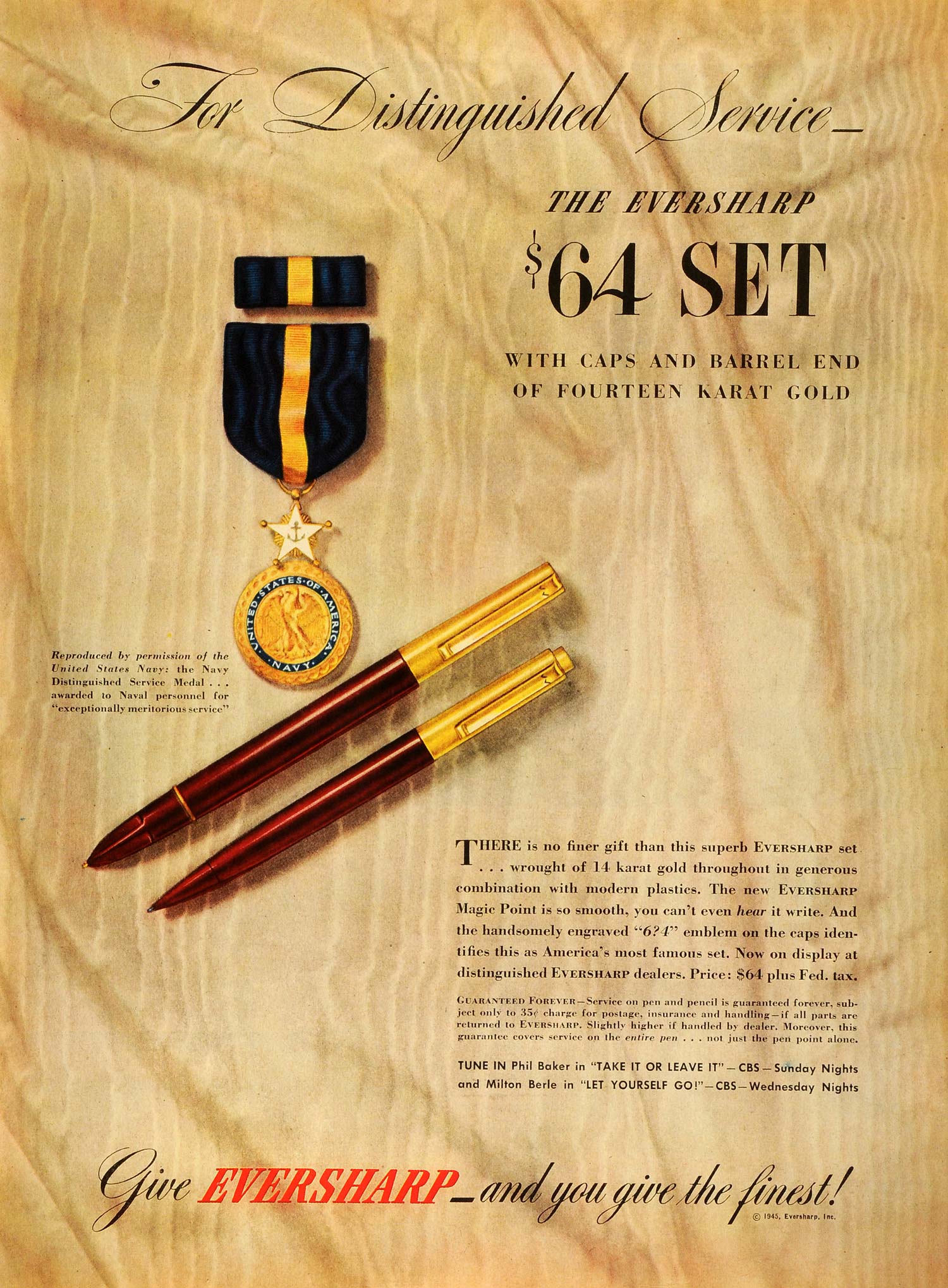 1945 Ad Eversharp Inc Ballpoint Pen Navy Distinguished Service Medal Writing LF4
