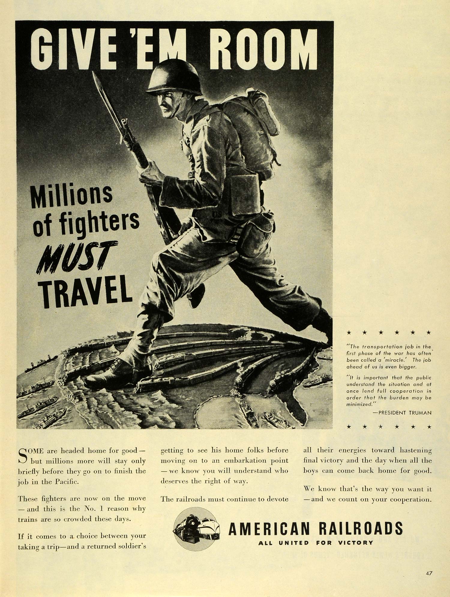 1945 Ad American Railroads Train WWII Soldier Serviceman G. I. US Armed LF4