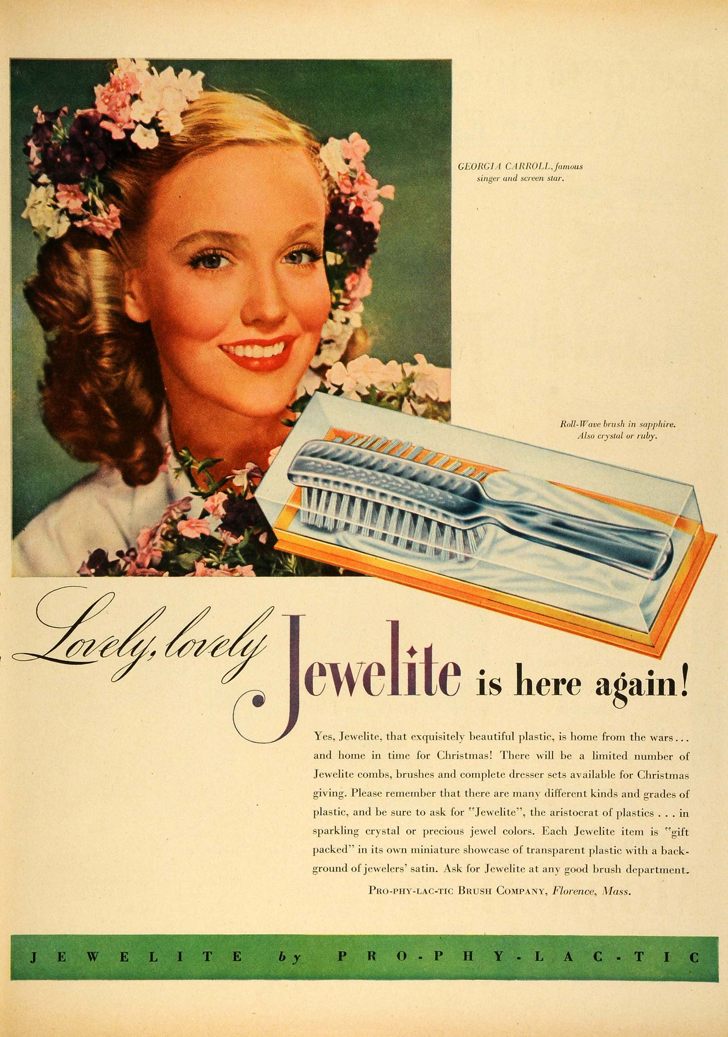 1945 Ad Pro-Phy-Lac-Tic Brush Florence Georgia Carroll Hair Care Jewelite LF4