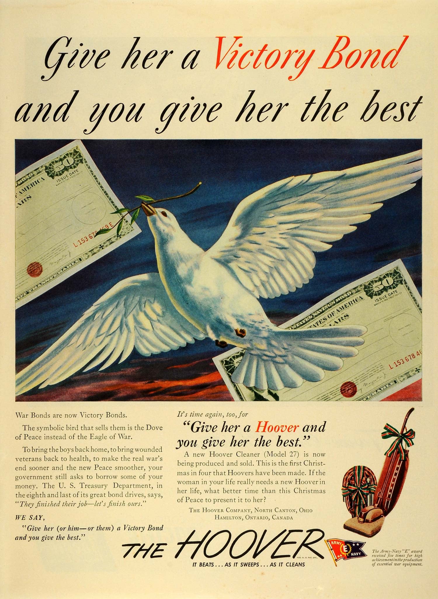 1945 Ad Hoover Co Vacuum Cleaner Model 27 Christmas Dove of Peace Wartime LF4