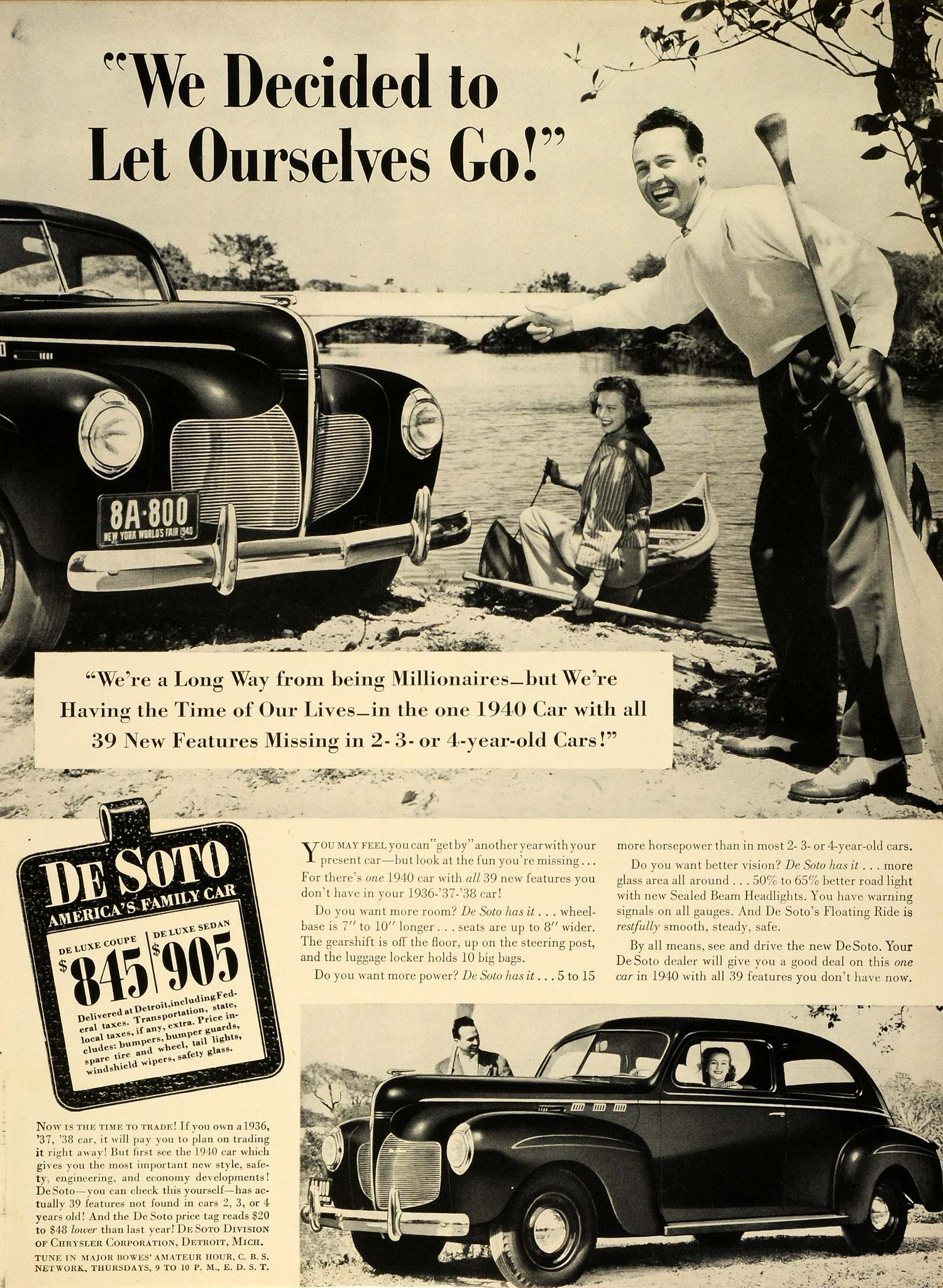 1940 Ad De Soto Division Chrysler Corp De Luxe Sedan Automobile Boat Lake LF4