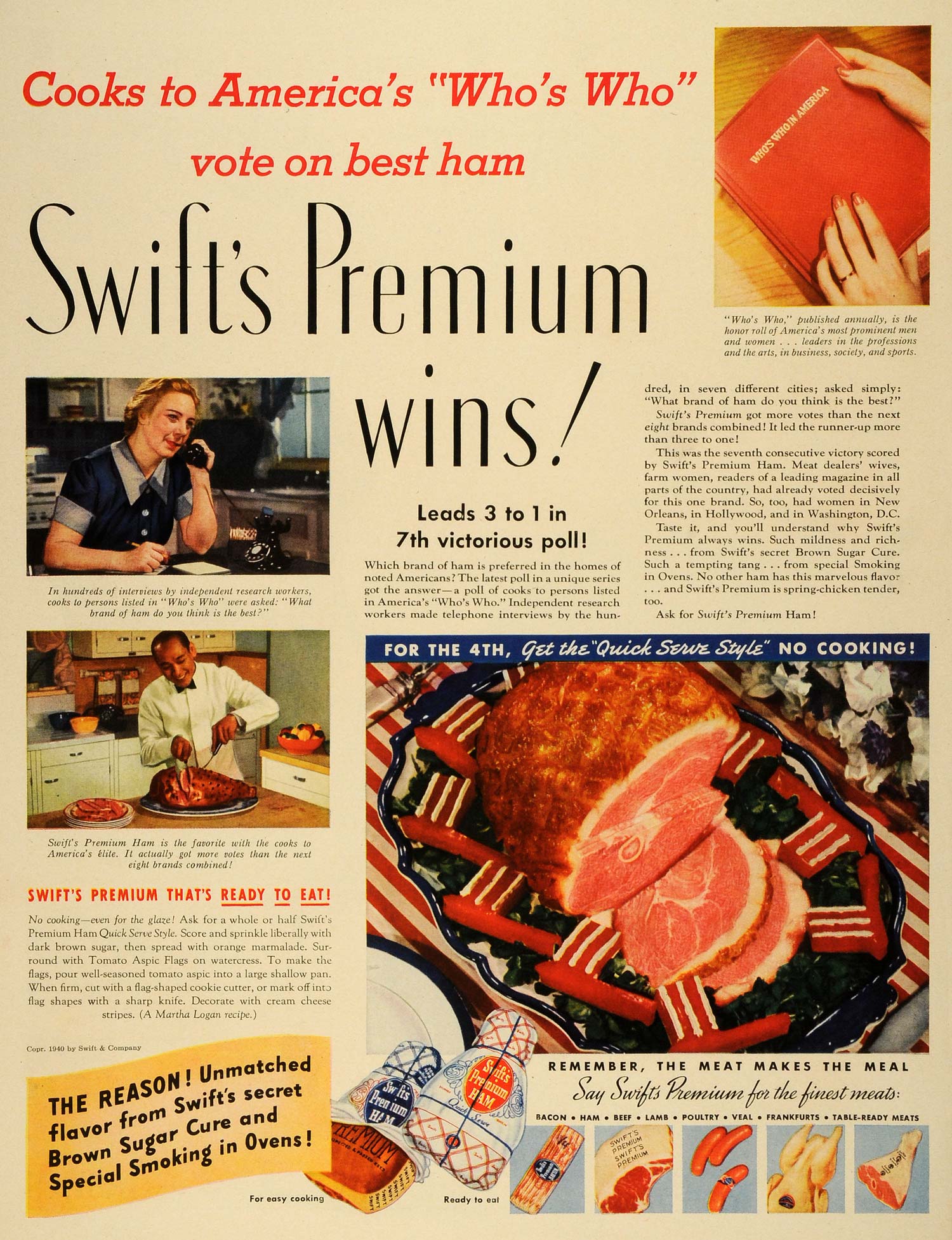 1940 Ad Swift & Co Premium Meat Cooked Ham Bacon Food Products Meal Lamb LF4