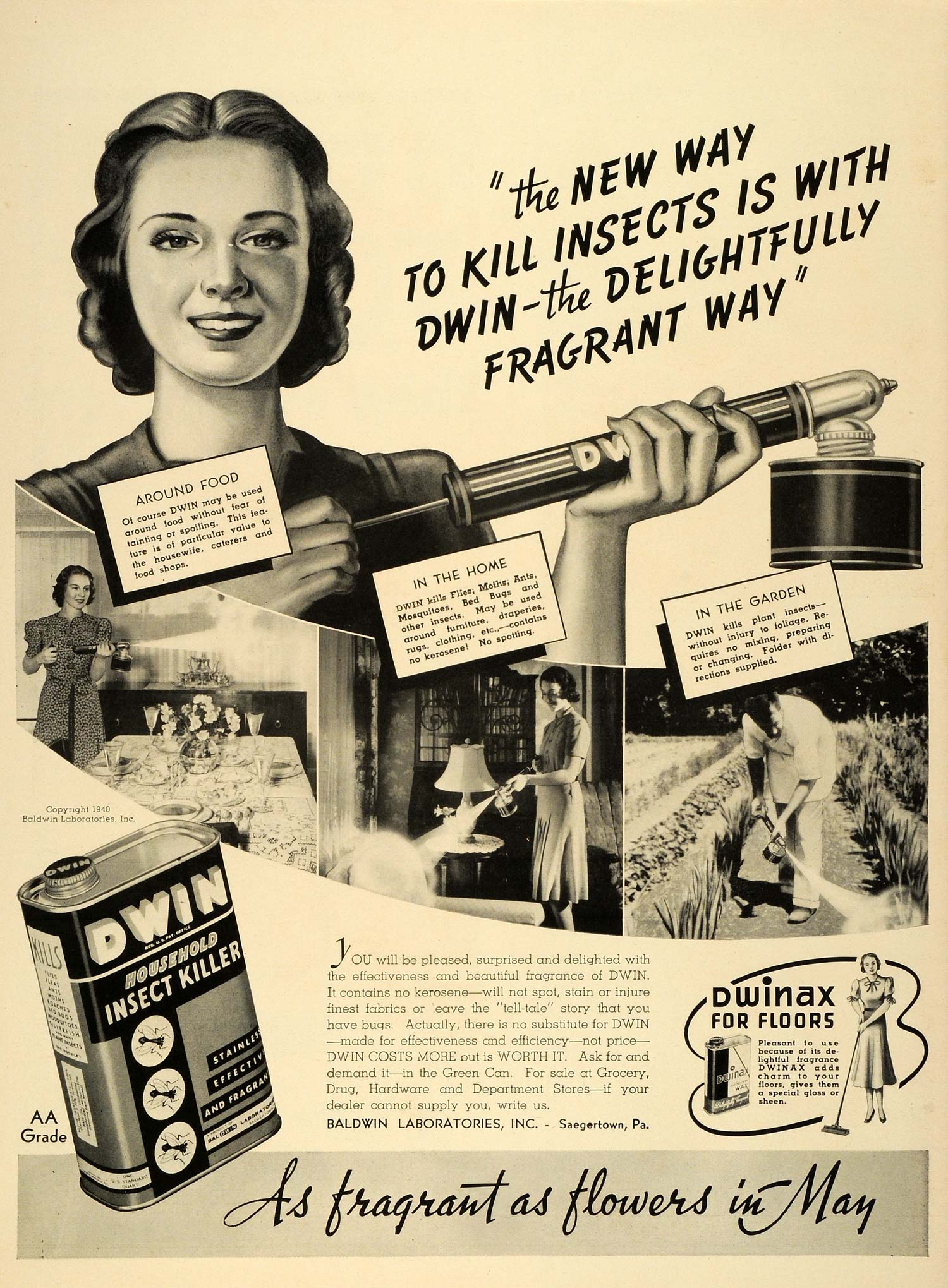 1940 Ad Baldwin laboratories Inc Dwin Household Insect Killer Spray Kerosene LF4