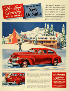 1941 Ad De Soto Division Chrysler Red DeLuxe 2-Door Sedan Winter Skiing Snow LF4