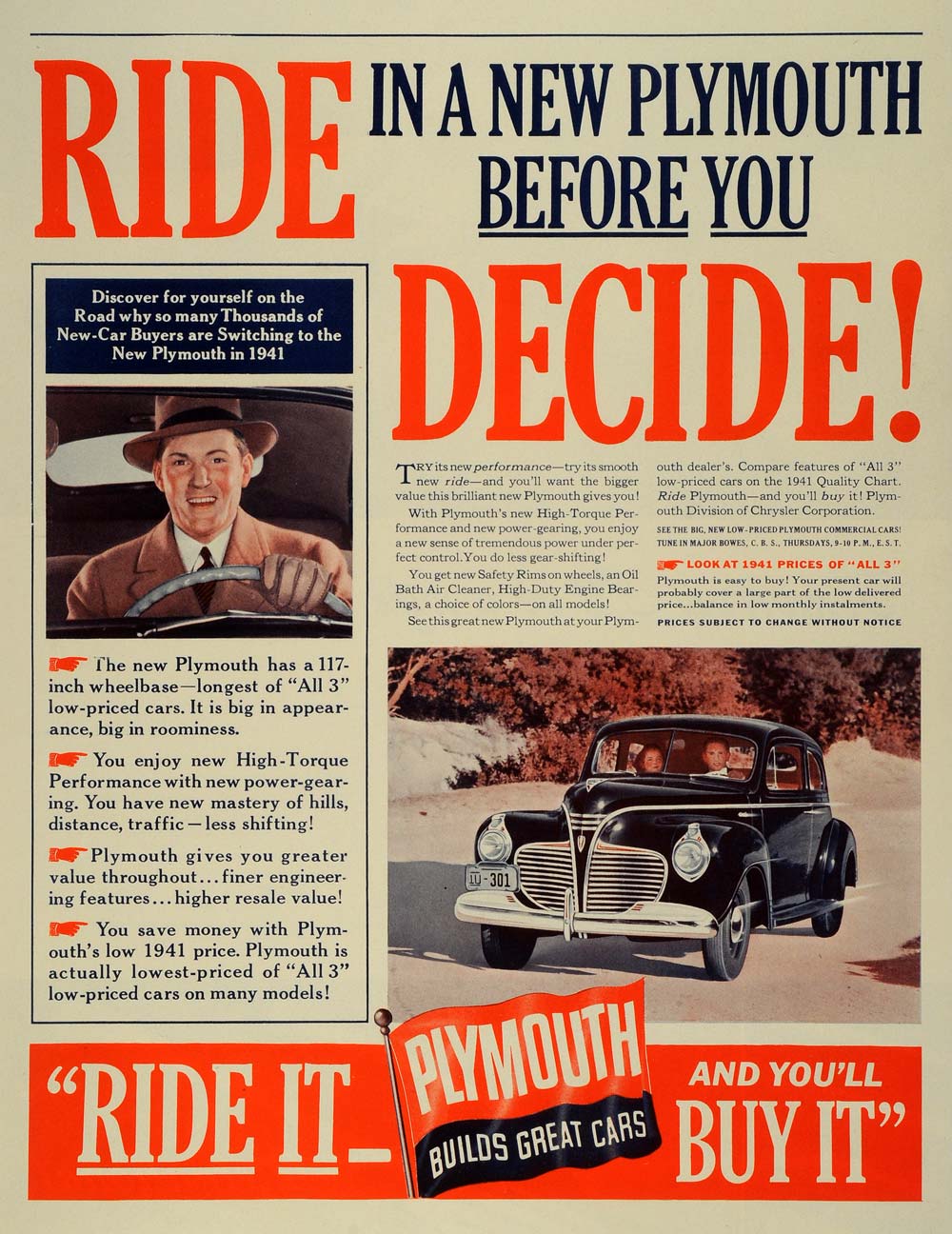 1941 Ad Plymouth Chrysler Corp Black Automobile Model Vintage Ride Driving LF4